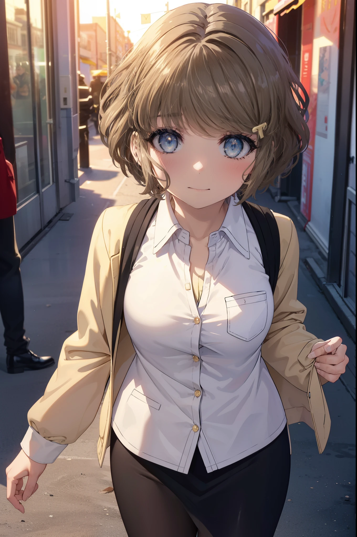 tomoekoga, Chie Koga, short hair, brown hair, blue eyes, hair clip,big breasts , mouth open,smile,blush,OL, yellow long coat The front is empty,end, black suit jacket, collared jacket, white dress shirt, collared shirt, neckline, button, strap, ID card on neck, black pencil skirt, black pantyhose, stiletto heels,sunset,evening,
break outdoors, In town,building street,
break looking at viewer, (cowboy shot:1.5),
break (masterpiece:1.2), highest quality, High resolution, unity 8k wallpaper, (figure:0.8), (detailed and beautiful eyes:1.6), highly detailed face, perfect lighting, Very detailed CG, (perfect hands, perfect anatomy),