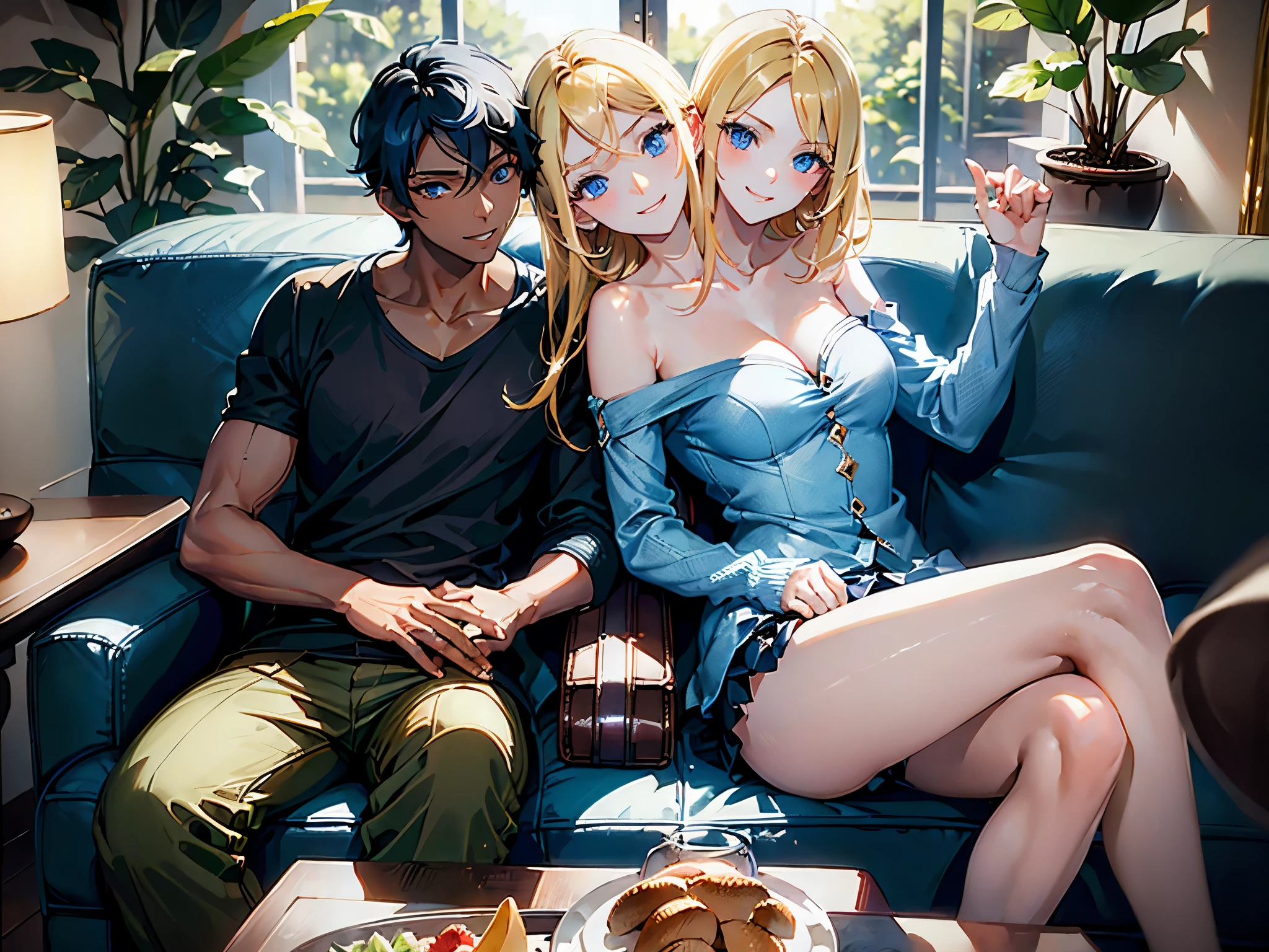 (masterpiece, best quality), best resolution, (young man with (black hair, brown eyes, dark skin)) and (young woman with (2heads, blond hair, blue eyes)), two people sitting next to each other on the couch, casual clothes, couple pose, smile, happy, love, living room