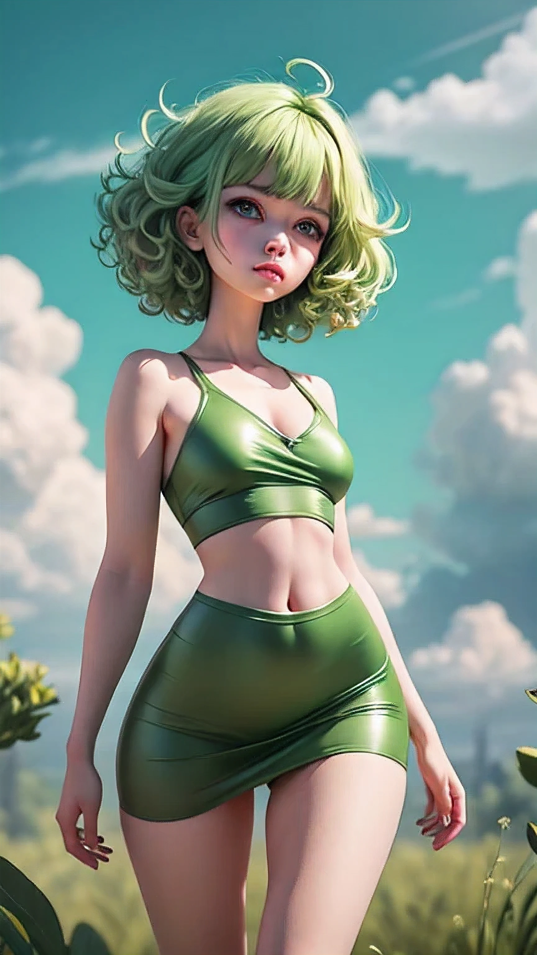 (masterpiece),(best quality),(super detailed), 1 girl, alone, bad_tornado,watch_exist_audience, blush, short_hair, Bangs, green_hair, green_Eye,detailed Eye, clavicle, thigh, small_Chests, Outdoor sports, separate_lips, green_hair, floexist, cloud, dark green dress, cover_navel,cover_Shoulder,cover_Chest, cloudy_Sky, pelvis_curtain, side_slit, curly_hair, Turn_hair,