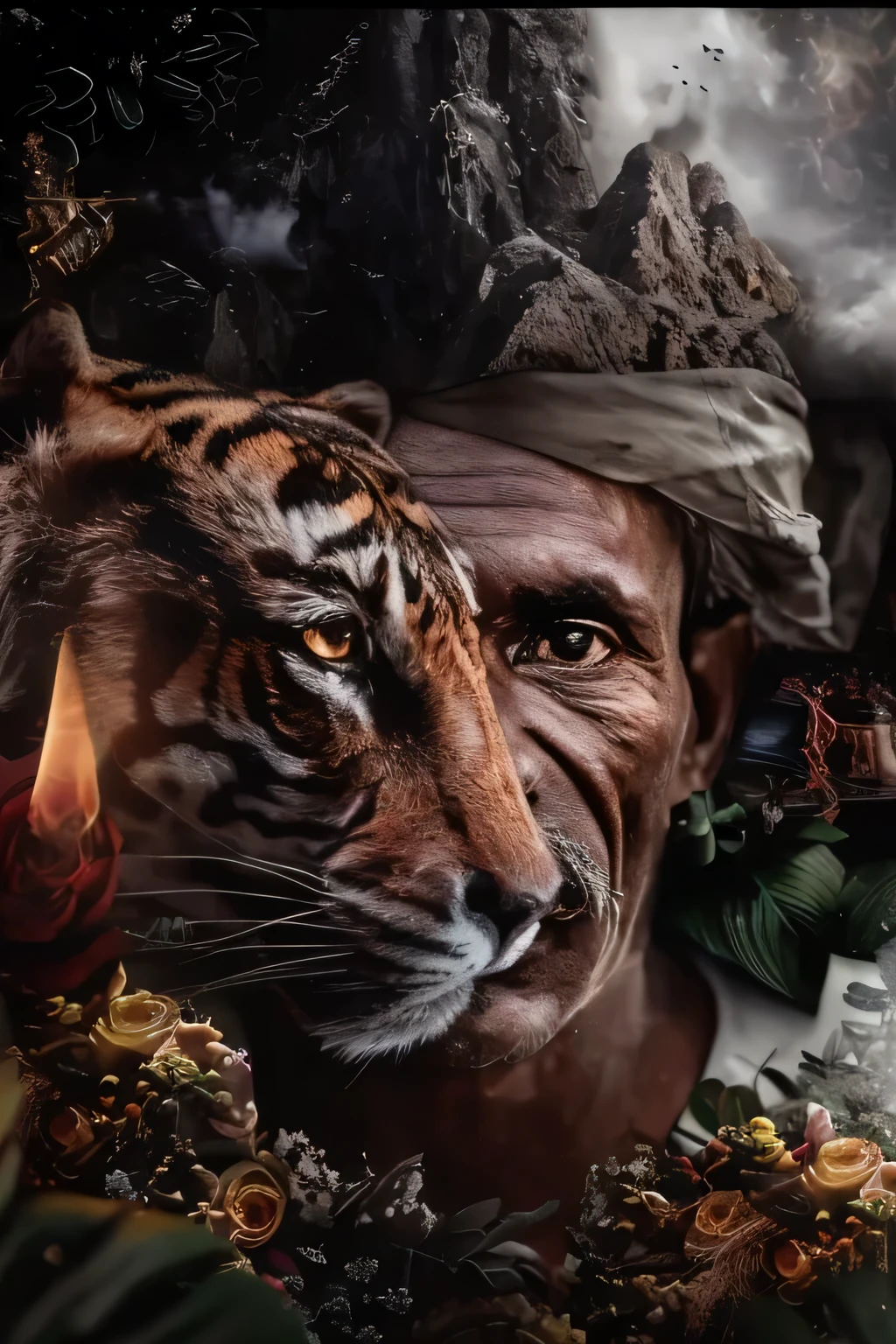 tiger painting,human face,The background is mountains, Highly detailed visual effects portraits, sacred tiger, Highly detailed digital artwork, Surrealism. fantasy 4k, hunting tiger, high contrast Surrealism 8k, ayahuasca shaman, king of the jungle, Excellent digital art and detail, Inspired by Rudy Sisvanto, portrait shooting