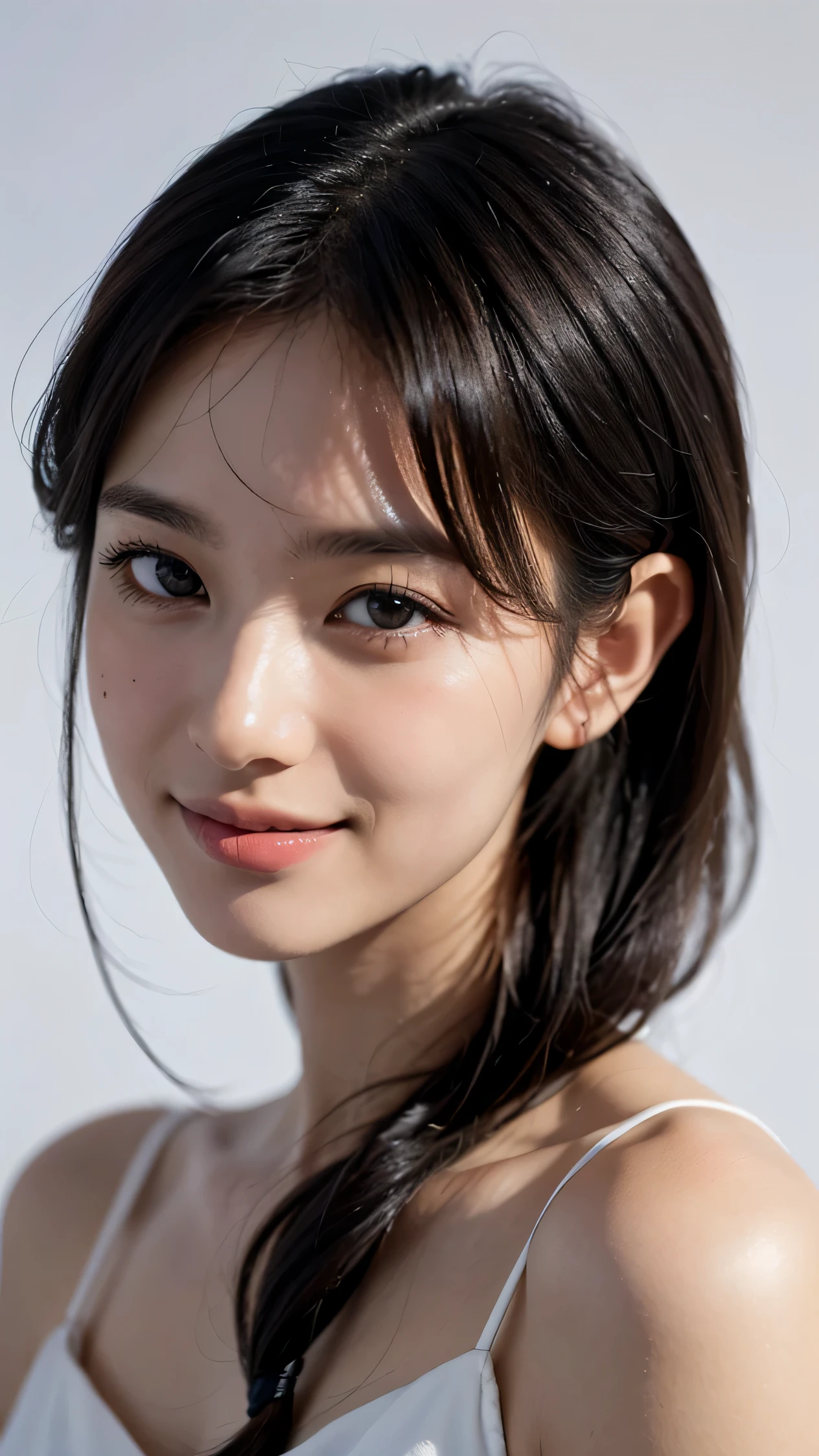 (RAW photo, highest quality)(8k, highest quality, masterpiece: 1.2), Super detailed, super resolution, (realistic, realistic photo: 1.37), portrait, High resolution RAW color photo, professional photos, High resolution and beautiful, very delicate and beautiful, High resolution, 8k image wallpaper, amazing details, huge file size, high detailed beautiful girl, Super detaileded face, very fine eyes, Very fine skin, とてもthin指, very small nose, Highly detailed detailed mouth, perfect anatomy, simple background, white wall, realistic lighting, light shines on your face, 1 girl, (20:1.2), 20 generations, cute girl, like an idol, realistic body, glowing skin, because I&#39;thin, black hair, cute, cute face, lively face, delicate eyes, source order, looking at camera, ((positive)), (Fair skin), waist shot, bangs, round face, smile, close up of face, ハッピーvery delicate and beautiful, wonderful, finely, masterpiece, Super detailed, High resolution, (best shadow), ,  Super detailed, very beautiful eyelashes, natural eyes  