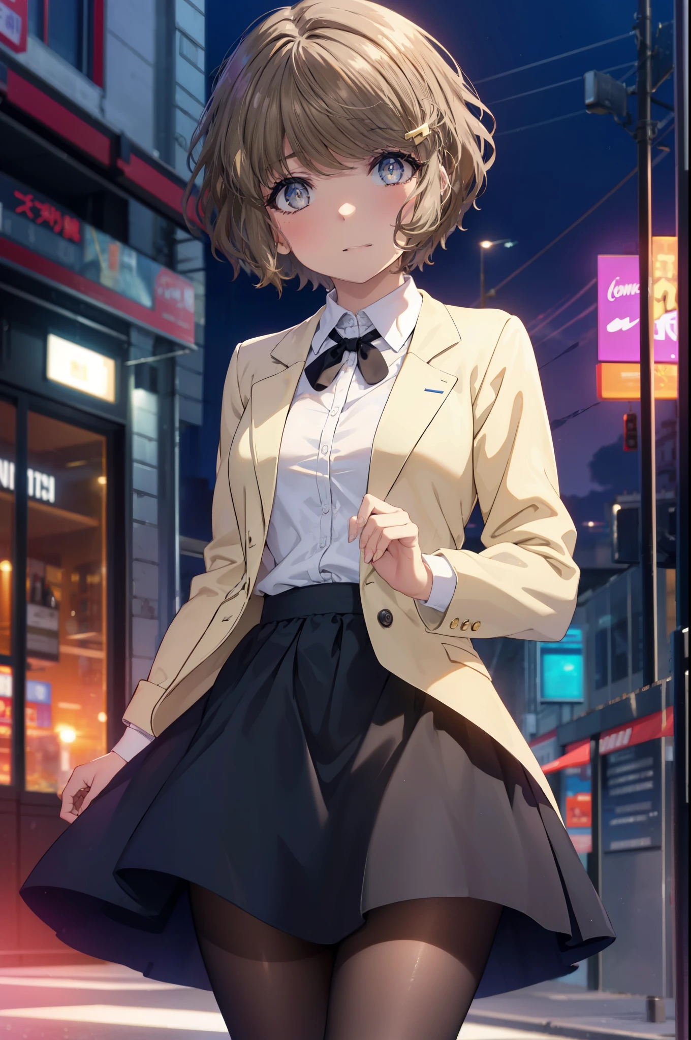 tomoekoga, Chie Koga, short hair, brown hair, blue eyes, hair clip,big breasts , mouth open,smile,blush,OL, yellow long coat The front is empty,end, black suit jacket, collared jacket, white dress shirt, collared shirt, neckline, button, strap, ID card on neck, black pencil skirt, black pantyhose, stiletto heels,sunset,evening,
break outdoors, In town,building street,
break looking at viewer, (cowboy shot:1.5),
break (masterpiece:1.2), highest quality, High resolution, unity 8k wallpaper, (figure:0.8), (detailed and beautiful eyes:1.6), highly detailed face, perfect lighting, Very detailed CG, (perfect hands, perfect anatomy),