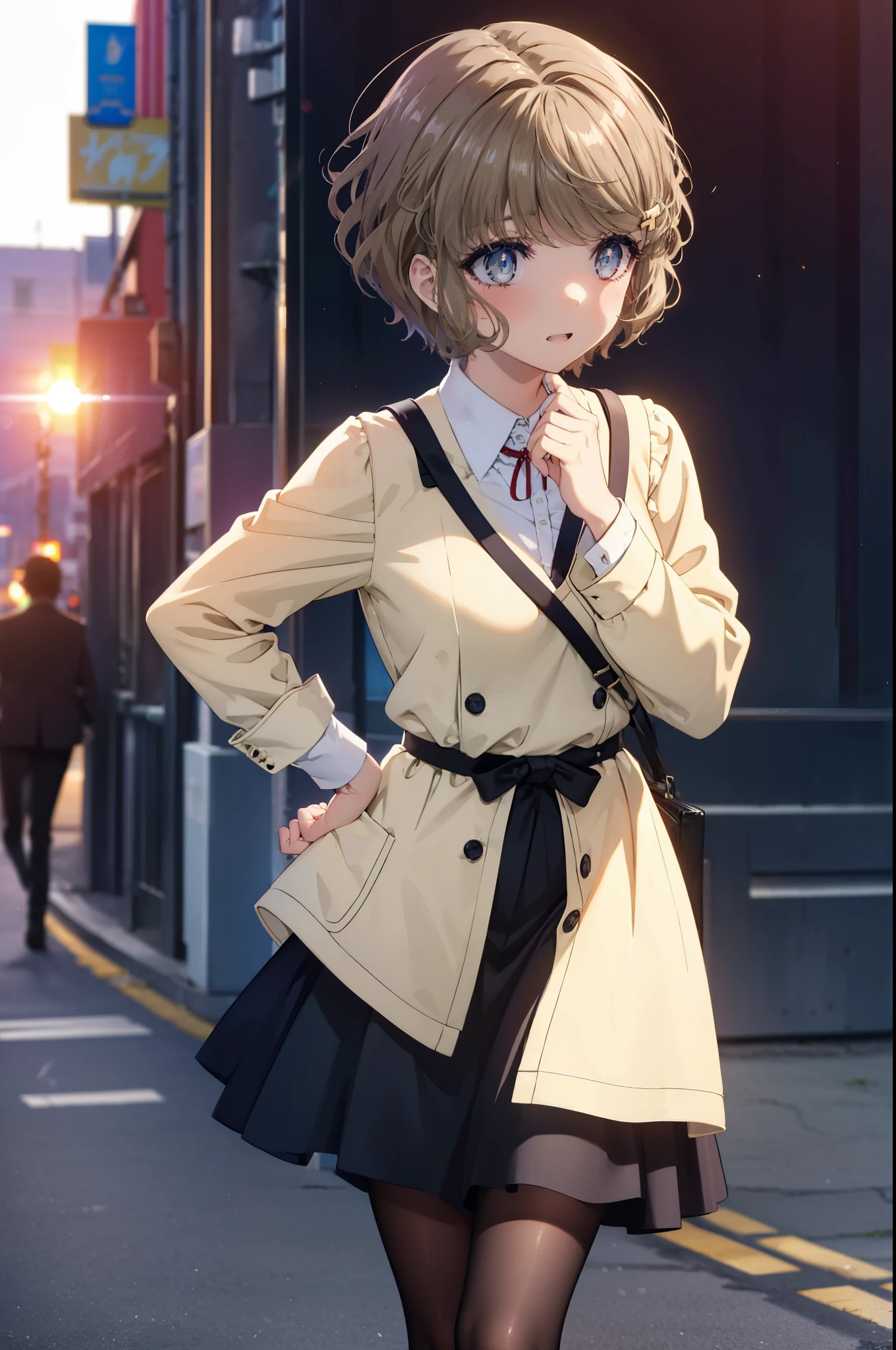 tomoekoga, Chie Koga, short hair, brown hair, blue eyes, hair clip,big breasts , mouth open,smile,blush,OL,  yellow long coat　The front is empty,end, black suit jacket, collared jacket, white dress shirt, collared shirt, neckline, button, strap, ID card on neck, black pencil skirt, black pantyhose, stiletto heels,sunset,evening,
break outdoors, In town,building street,
break looking at viewer, (cowboy shot:1.5),
break (masterpiece:1.2), highest quality, High resolution, unity 8k wallpaper, (figure:0.8), (detailed and beautiful eyes:1.6), highly detailed face, perfect lighting, Very detailed CG, (perfect hands, perfect anatomy),