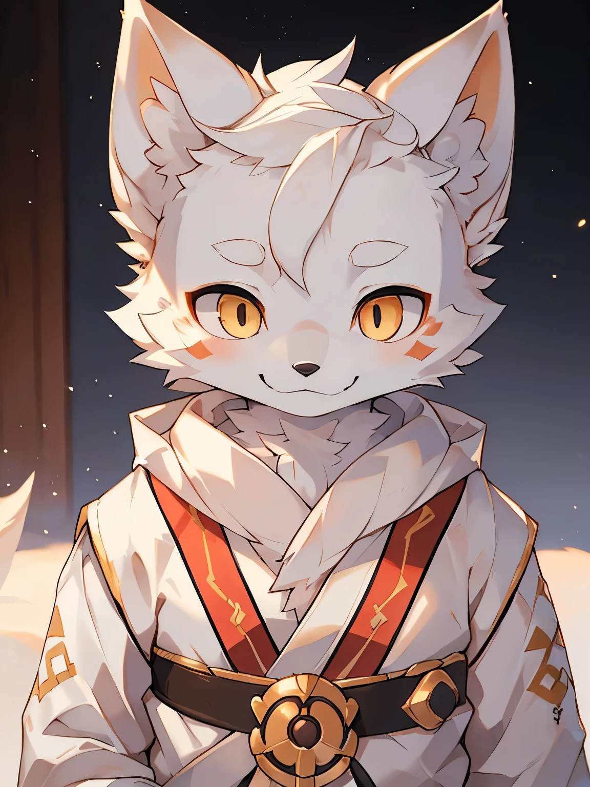 (best picture quality),(masterpiece),(((the only person))),(Super detailed),(male arctic fox:1.5), (white skin:1.3), hairy，(white fur:1.3),((golden pupils)) ,(gray ears),(hairy 动物 耳朵s)，((Wearing a Chinese white robe)，natural lighting，complex background,Detailed face，details on face，Character focus，Detailed clothes，upper part of body，depth of field，lighting perfect，sharp focus，light particles，Smile，alone