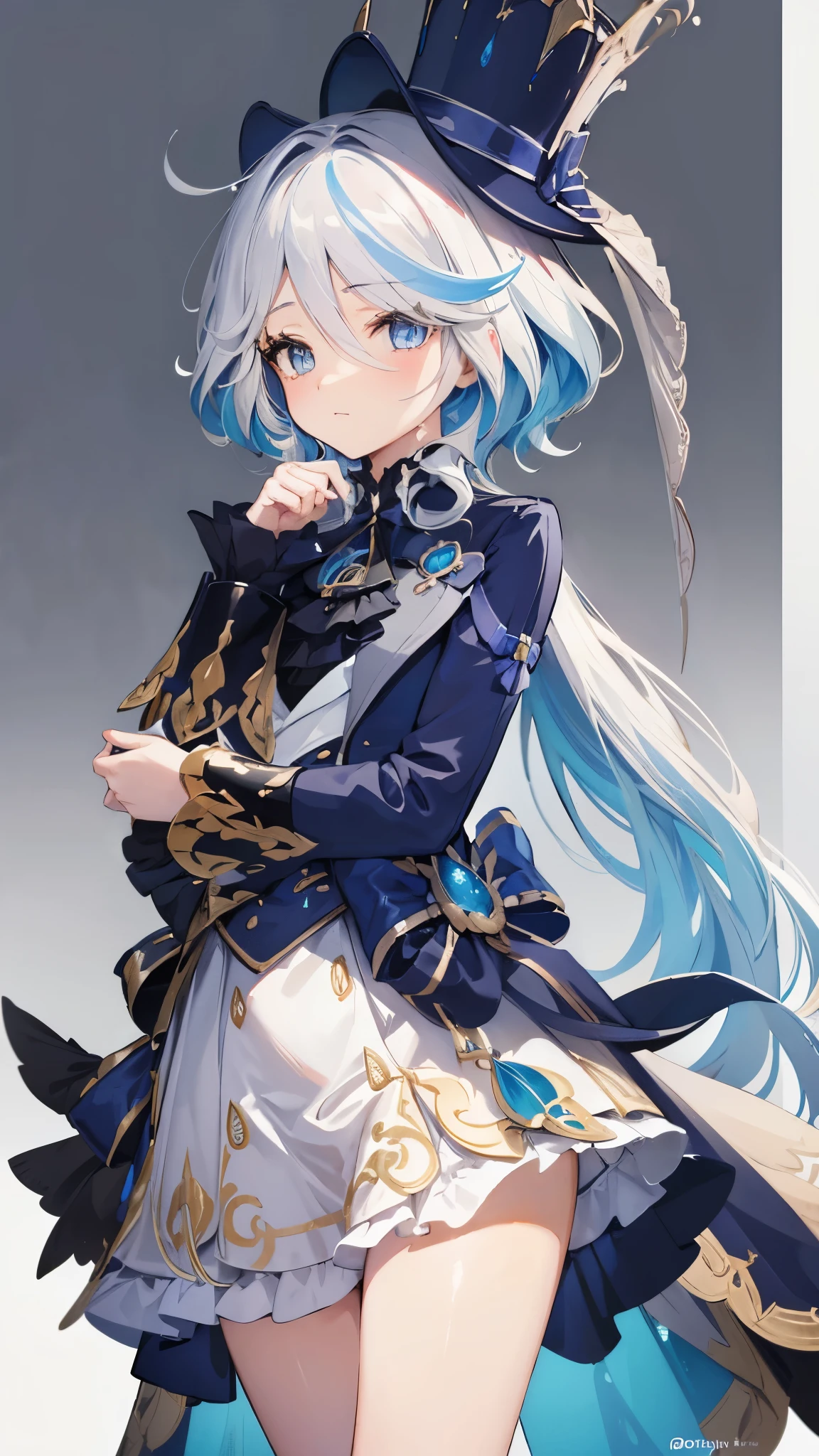 a girl, Very cute girl faint smile, game illustration,Forina, white hair,Striped hair,blue hair, blue eyes, top hat, Jump, Hand drawn illustration, Hand, jewelry up, one hand on waist
