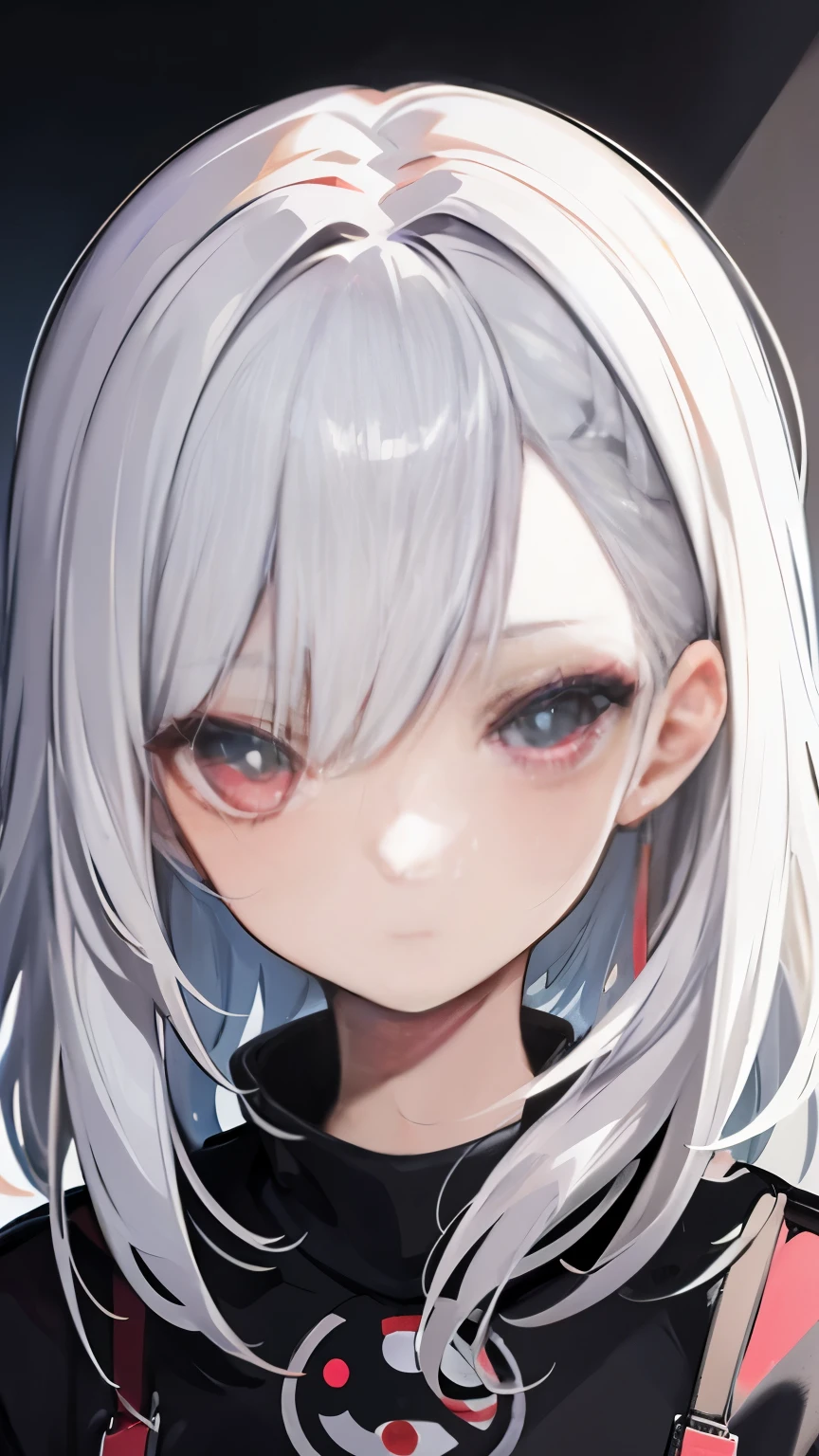 Anime portrait of a girl, bloodshot eyes, white hair, gray hair, colorful hair, symmetrical face, date scene style,  concept art, number, looking at camera, square image