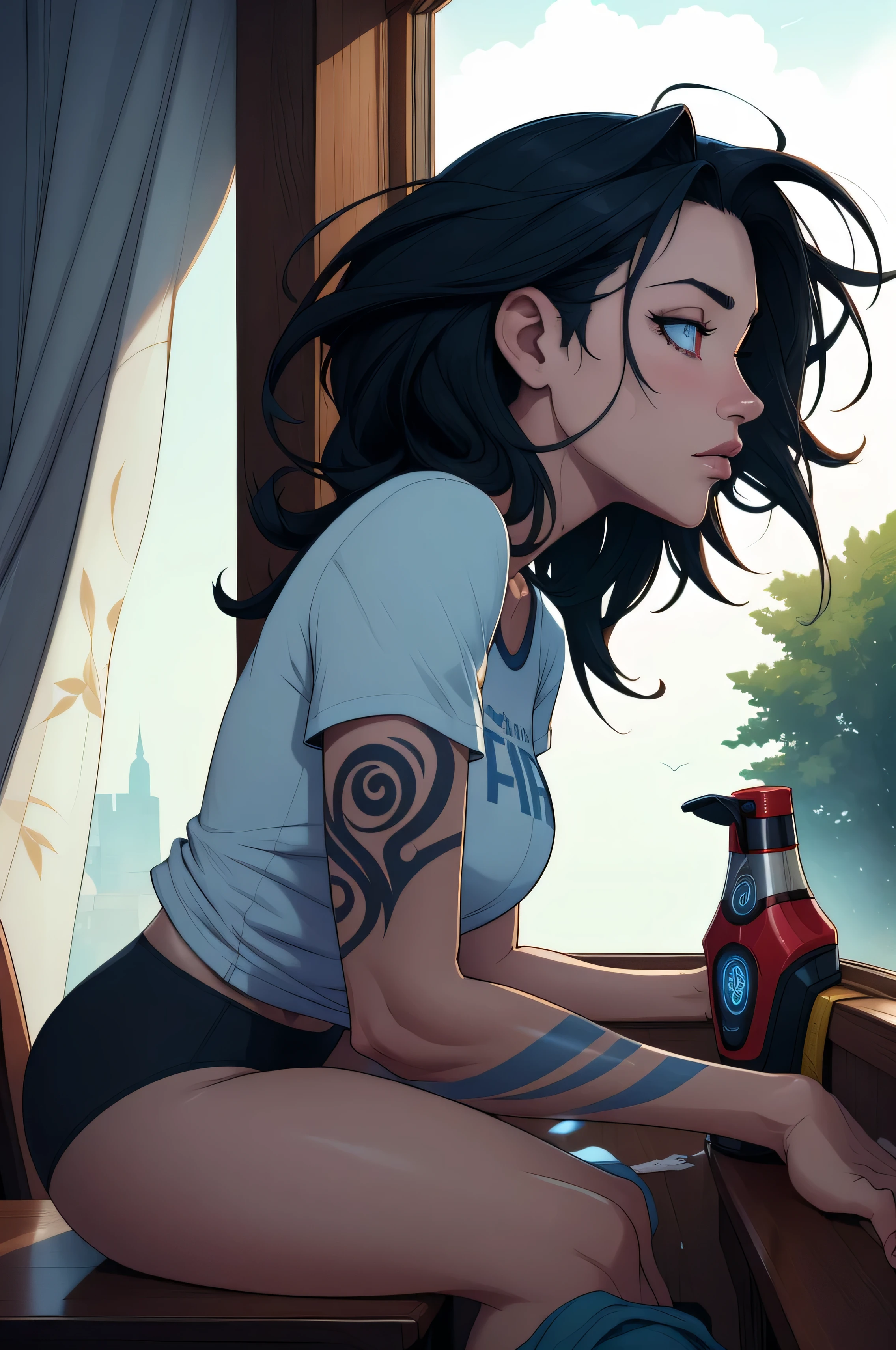 (masterpiece, best quality, absurdres, 4k, aesthetic, detailed, intricate, perfect lighting),cinematic angle,cinematic lighting,1girl,upper body,from side,leaning forward,elbow rest,open window,windowsill,wind gust,panties,t-shirt,pale skin,black hair,messy hair,(arm tattoo,thigh tattoo), tattoo clear eyes