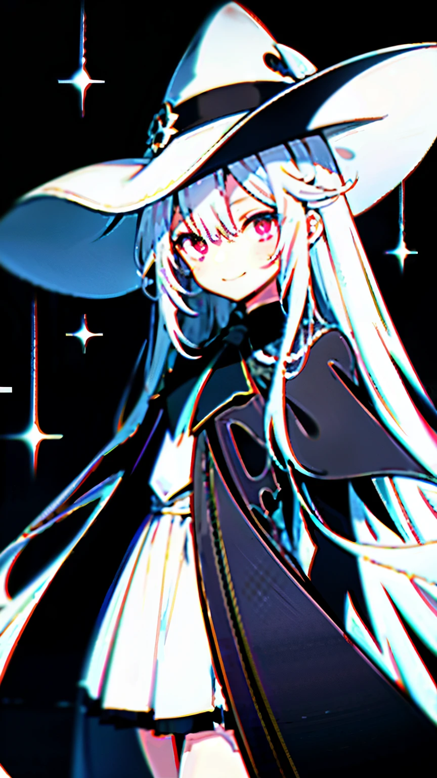 high resolution、highest quality、young girl、human、A magician who always smiles、large witch hat 、cute、long white hair、Red eyes and glazed eyes、Bangs are heavy、Thin eyebrows、fantasy、intake、double teeth、star motif、Seiza motif、monochrome clotheetal look decoration、cape、A little dark atmosphere、a little crazy smile、Outside at night when the moon shines、larger moon、blood return、black star hair ornament、short tie、No nails、high waist skirt、flared sleeves、long sleeve shirt、black tie、Low exposure
