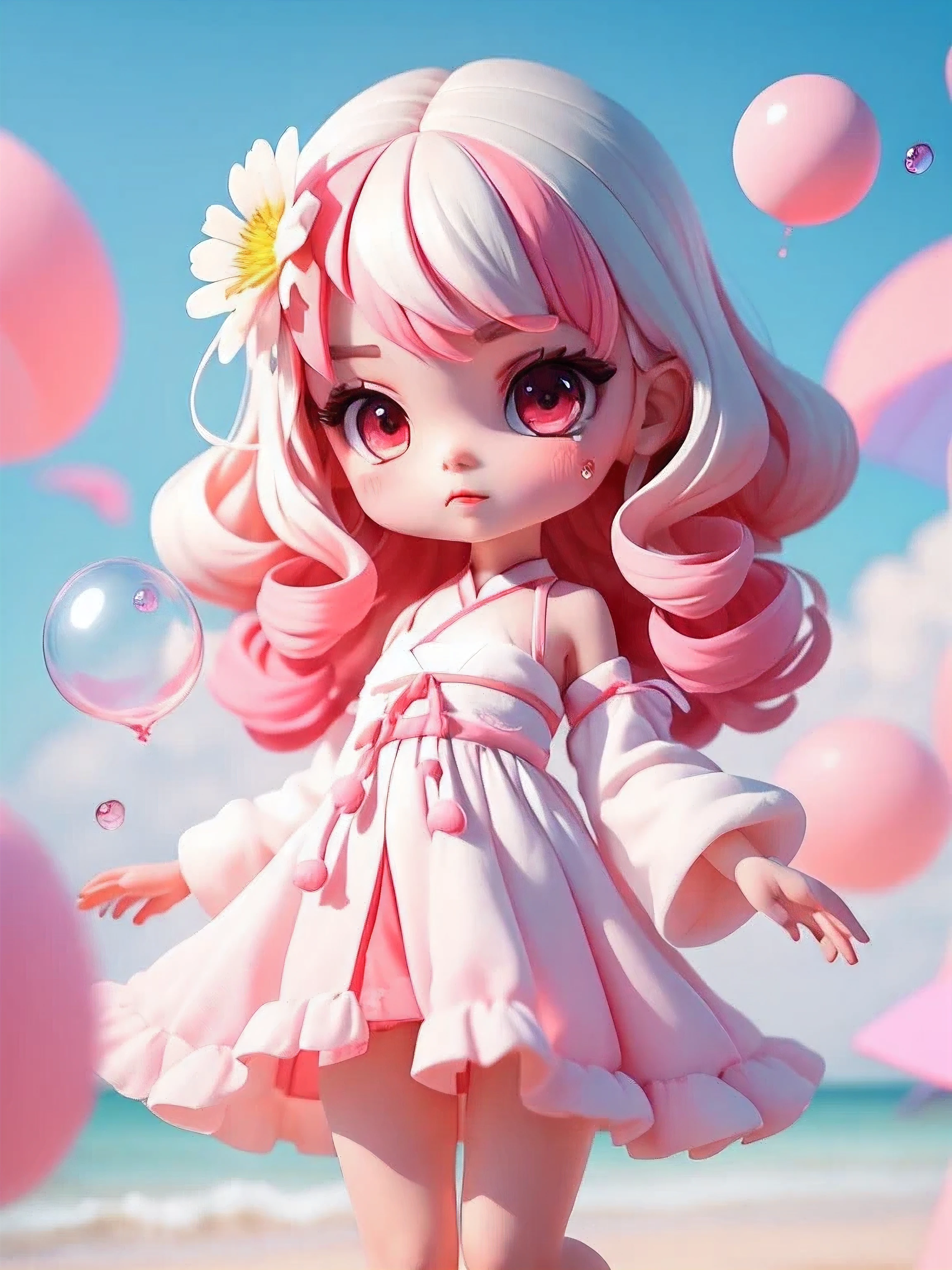 (masterpiece),(best quality),(super detailed), (whole body:1.2),
light pink hair, pink eyes, pink and white, 樱flower叶, bright colors, white dress, paint splash, simple background, Ray tracing, curls,
flower, beach, , blowing bubbles,Taoist costumes, blush,:, vague, black hair, bald,Crab
(Beautiful and delicate face), (beautiful and delicate eyes),