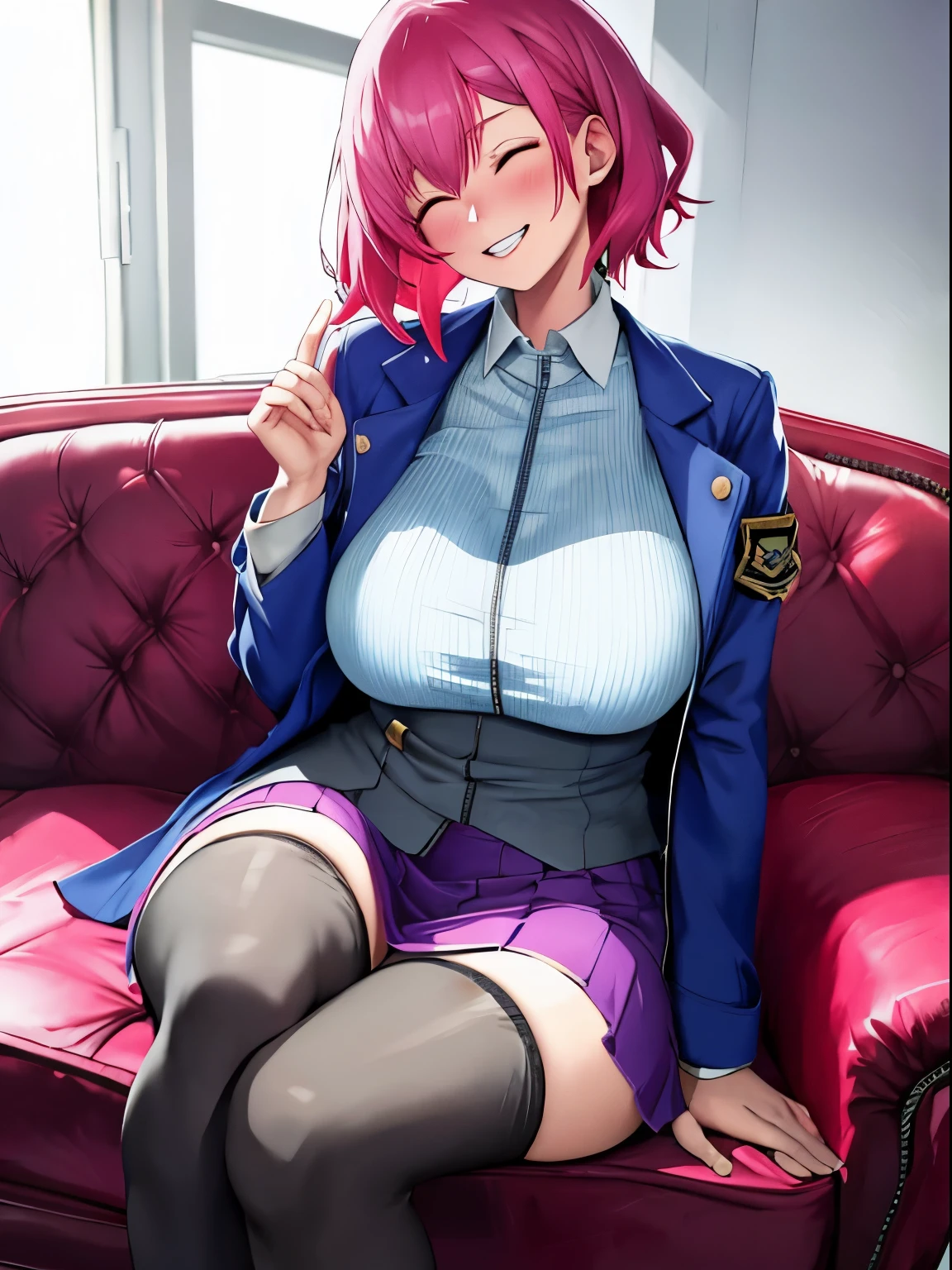 1girl, pastel, cracked dyed hair, red hair, blue hair, smile, teeth, skirt, sitting, couch, huge breasts, blush, pastel lipstick, unzipped jacket, eyes closed, head tilt, stockings, heavy makeup, skinny