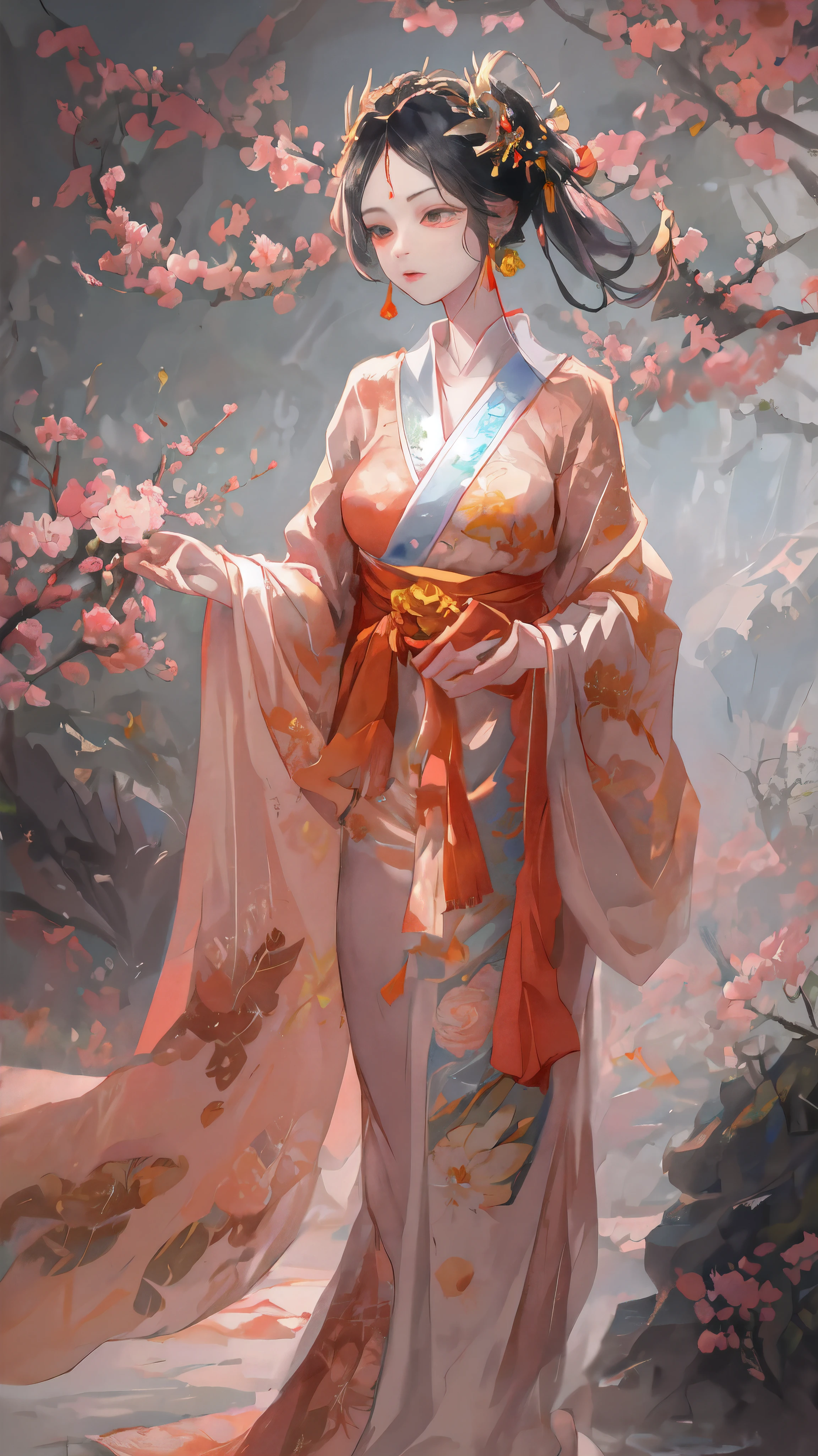 ancient chinese beauties, Aloof character, Rose red dress, huge plum blossom, standing under the tree, Sunlight, clear face, masterpiece, super detailed, epic work, high quality, best quality, 16k