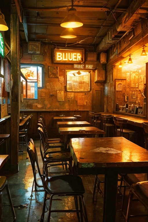 In the dimly lit, verrauchte shabby pub, several rockers sit comfortably on worn-out stools, their faces illuminated by the faint glow of old neon signs. The air is thick with the pungent aroma of stale beer and cigarette smoke. The walls, peeling with age and disrepair, are adorned with faded posters and graffiti of long-forgotten rock bands. Each rocker clutches a cold mug in one hand and a cigarette in the other, their eyes fixed on the table before them, lost in the bluesy drone of the jukebox. The atmosphere is thick with a sense of nostalgia and worn