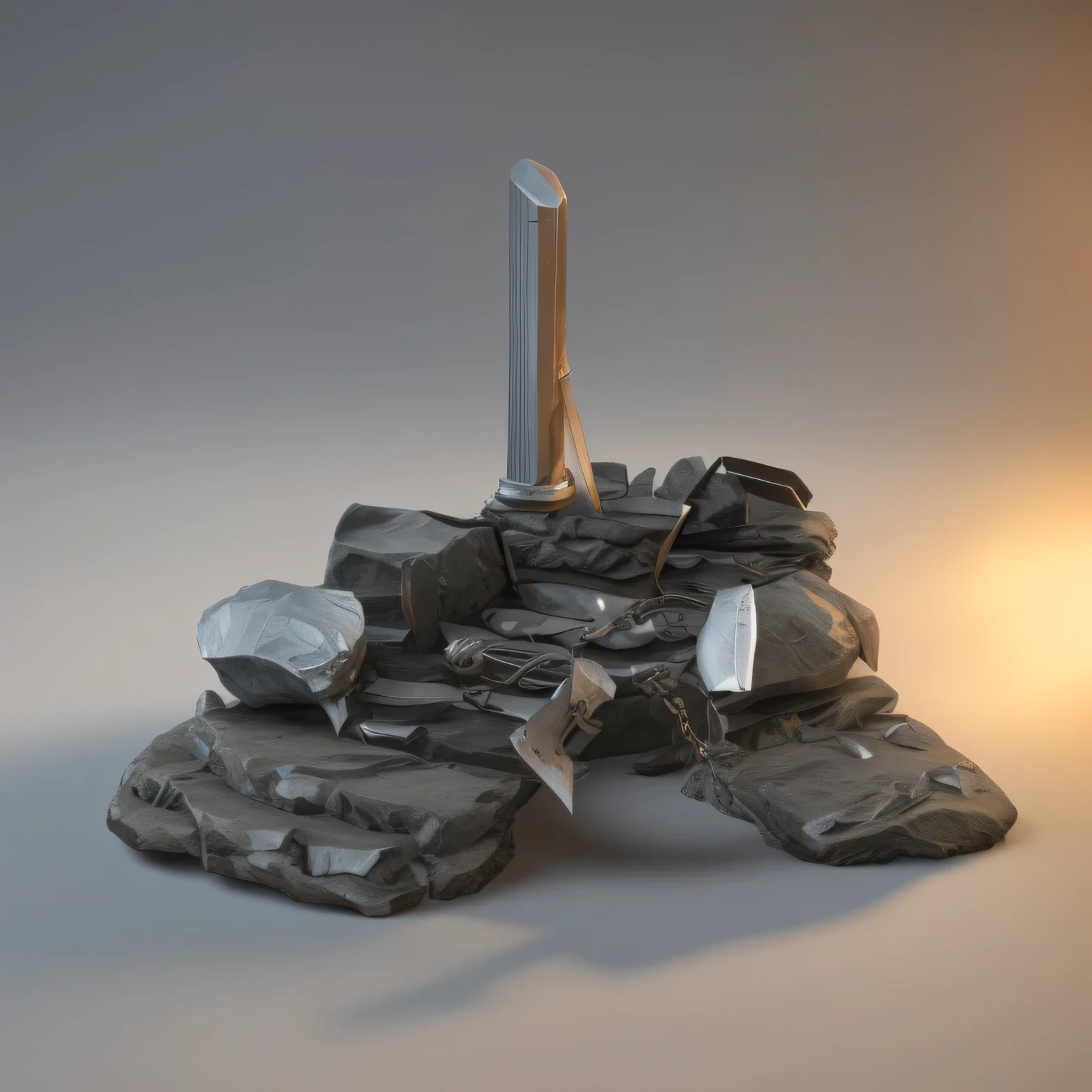 sun at dawn,Sunlight through clouds,Sun rays on stones,The rocks are covered with weeds,There is a knife on the stone, Strike equipment,armor components, zbrush hard surface,3d model,Realistic style