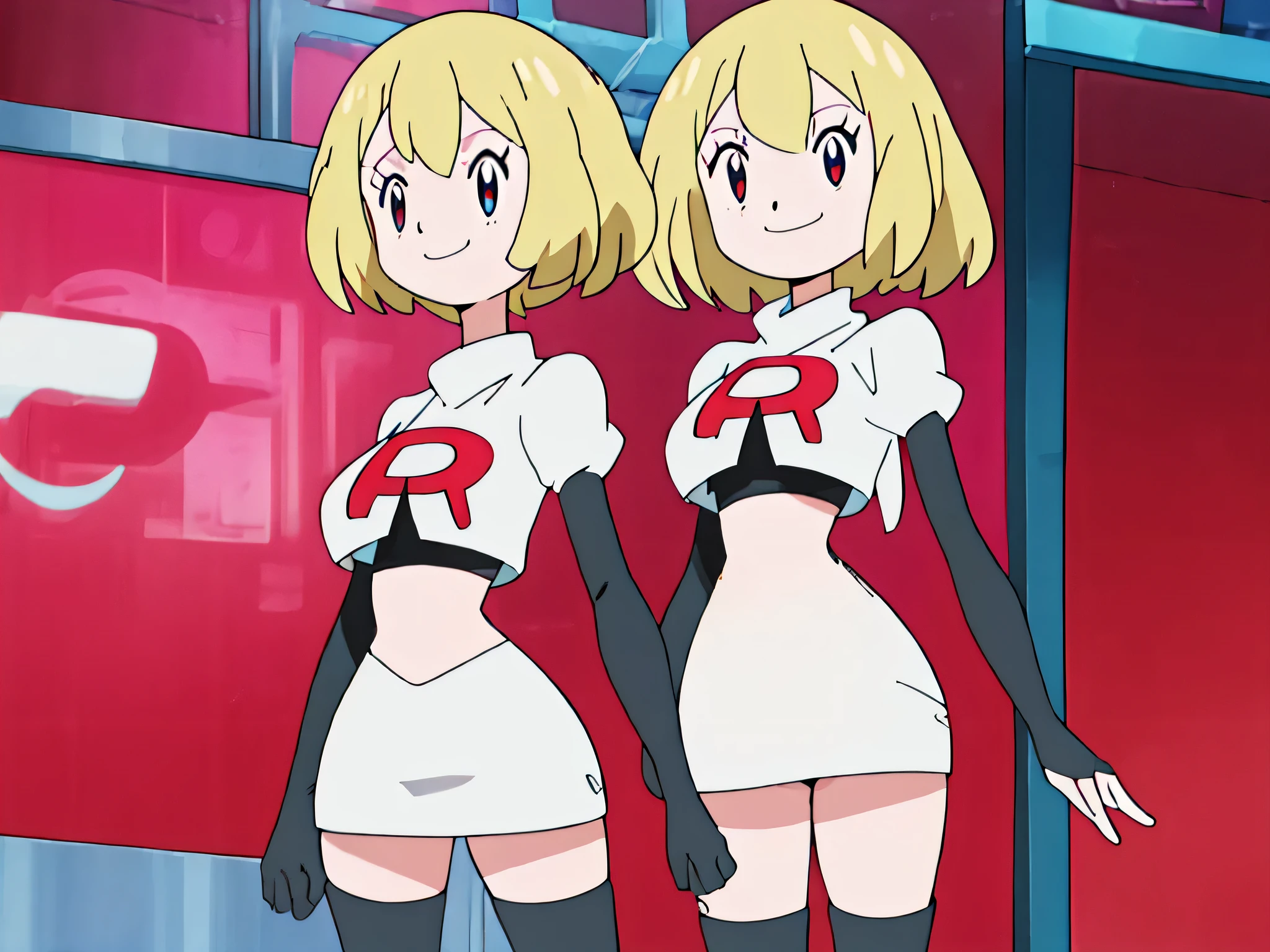 8k,1girl in, (solo:1.1), (perfect body:1.1), (best quality:1.1), very large breast, team rocket, team rocket uniform, red letter r, white skirt,white crop top,black thigh-high boots, black elbow gloves, smiling, looking down at viewer, hands on hips,zettai ryouiki,cowboy shot