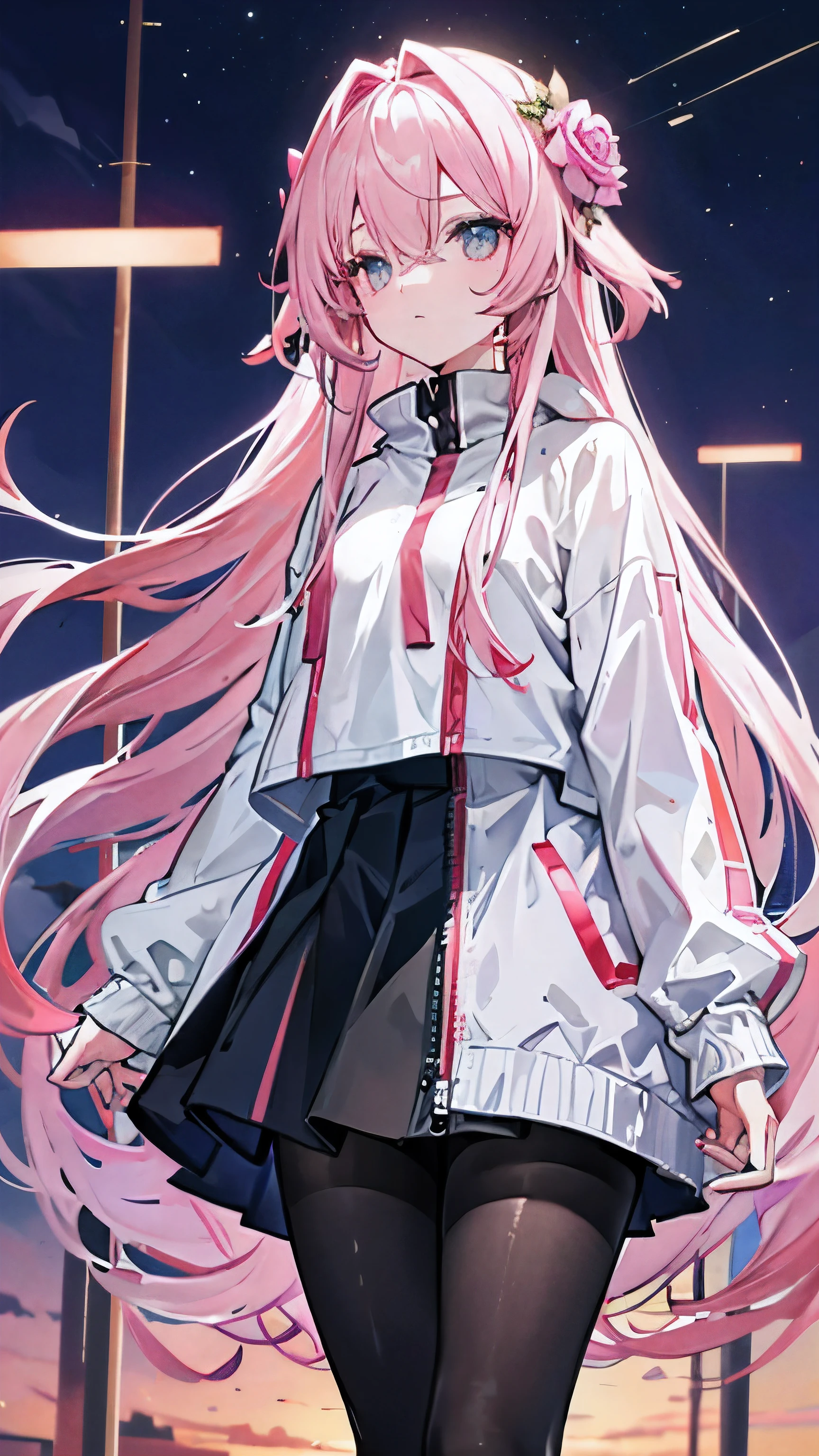 Light pink and uneven long hair,The hair curtain is very long,The hair curtain covers one eye,hair slightly upward,have gray eyes,Eyes sparkle,Girl of medium build,There is a flower on the head,sunset over empty countryside,Holding a lit fireworks stick in his hand,He is wearing a white tracksuit,black cape skirt,I look and ,The atmosphere is desolate,cool color,He lowered his head,Black silk pantyhose
