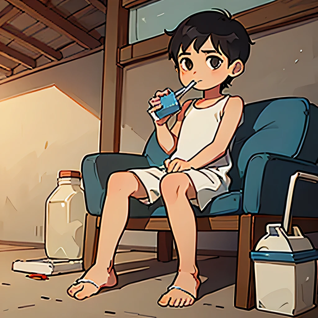 portrait of 5--old onesian boy in a contemporary setting, short hair, full body, drinking carton milk with straw