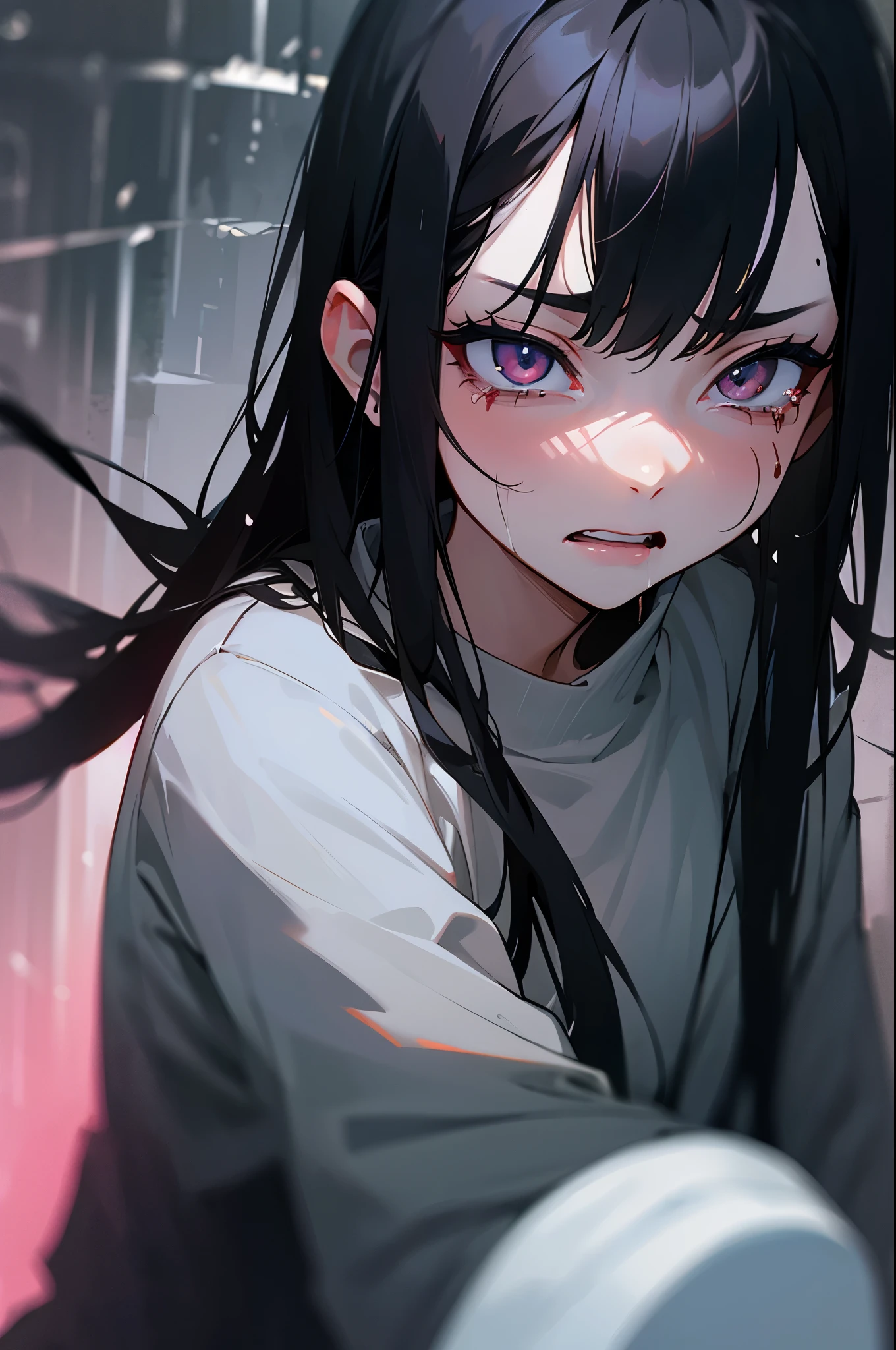 masterpiece, highest quality,, 1 adult female front long black hair scar on face Bleeding Get angry cry sweater night road rain