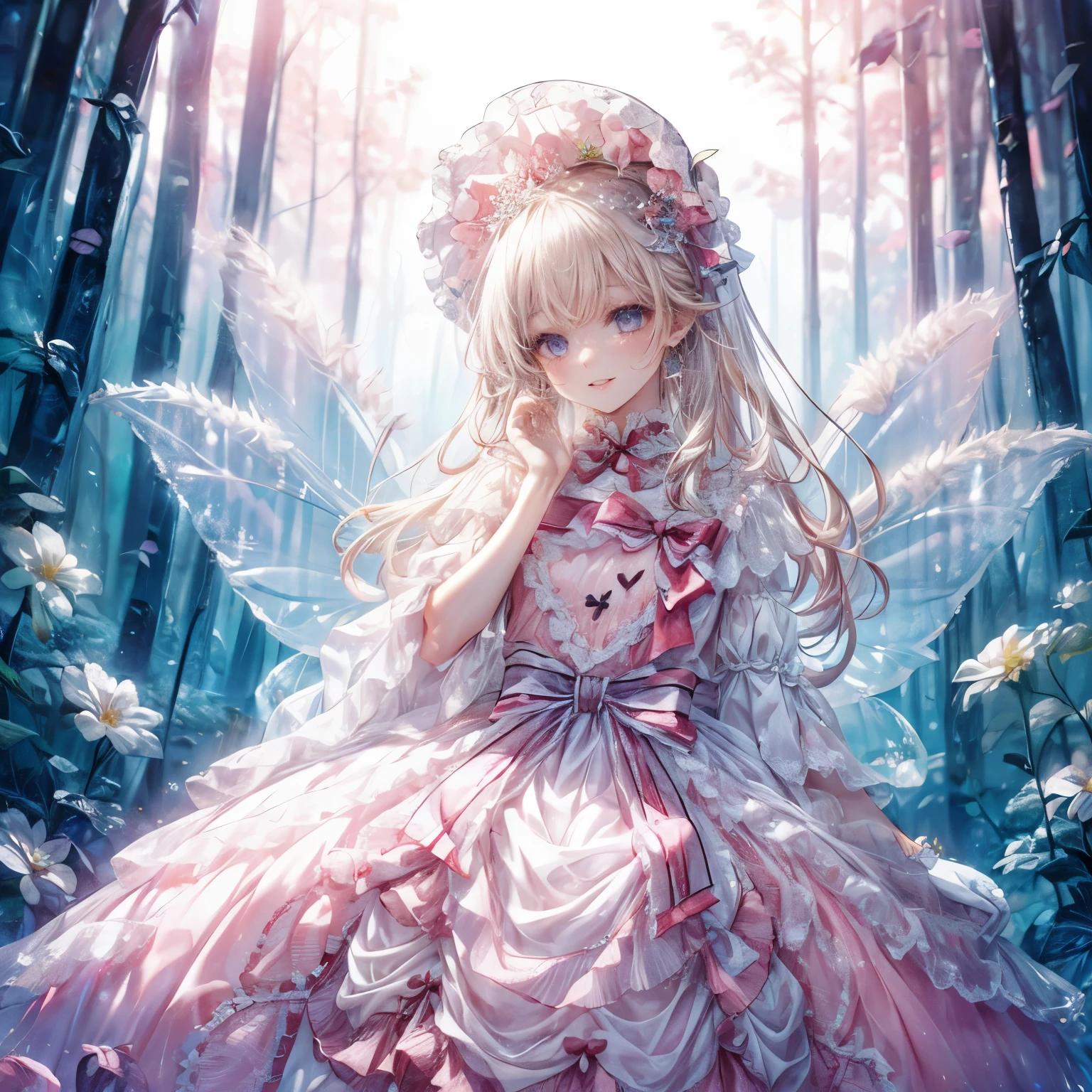 (highest quality, masterpiece, Super detailed, very detailed, exquisite, 16k,Full HD),dramatic lighting, warm lighting, soft lighting, environmental lighting, ((alone:1.5)),From the side,white background,From above,((head shot)),wake up,large amount of flowers,The entire screen is surrounded by flowers,in the forest,(Crystal Forest),(fairy princess, purple eyes, long eyelashes,white skin,slim,Pale pink lip,pale pink cheeks, blonde,thin and long,(thin and high nose,small nose),(腰の少しFrom above巨大な妖精の羽),diamond tiara,diamond earrings,Diamond Choker,white ball gown dress with diamonds, lace and ruffles,(laughter), (fantasy, romantic atmosphere), magic light,