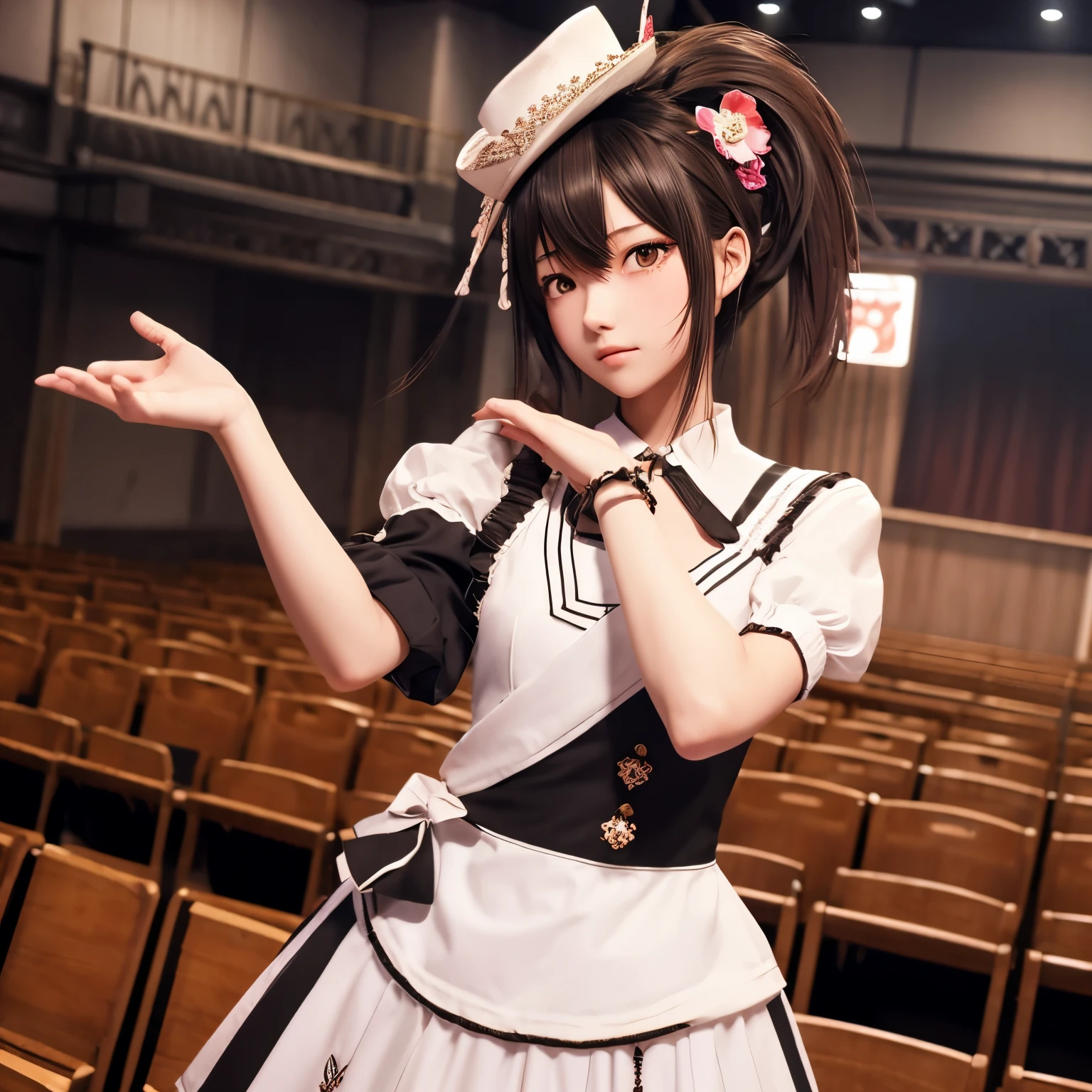22 seconds game style, high quality, girl, bangs, hair ornaments, Ahoge, Complex fabrics, arm to the side, [upright], Virtual YouTuber [[blush]], concept art, alone, 1girl, cowboy shot, whole body, look at the audience, white background, simple background
