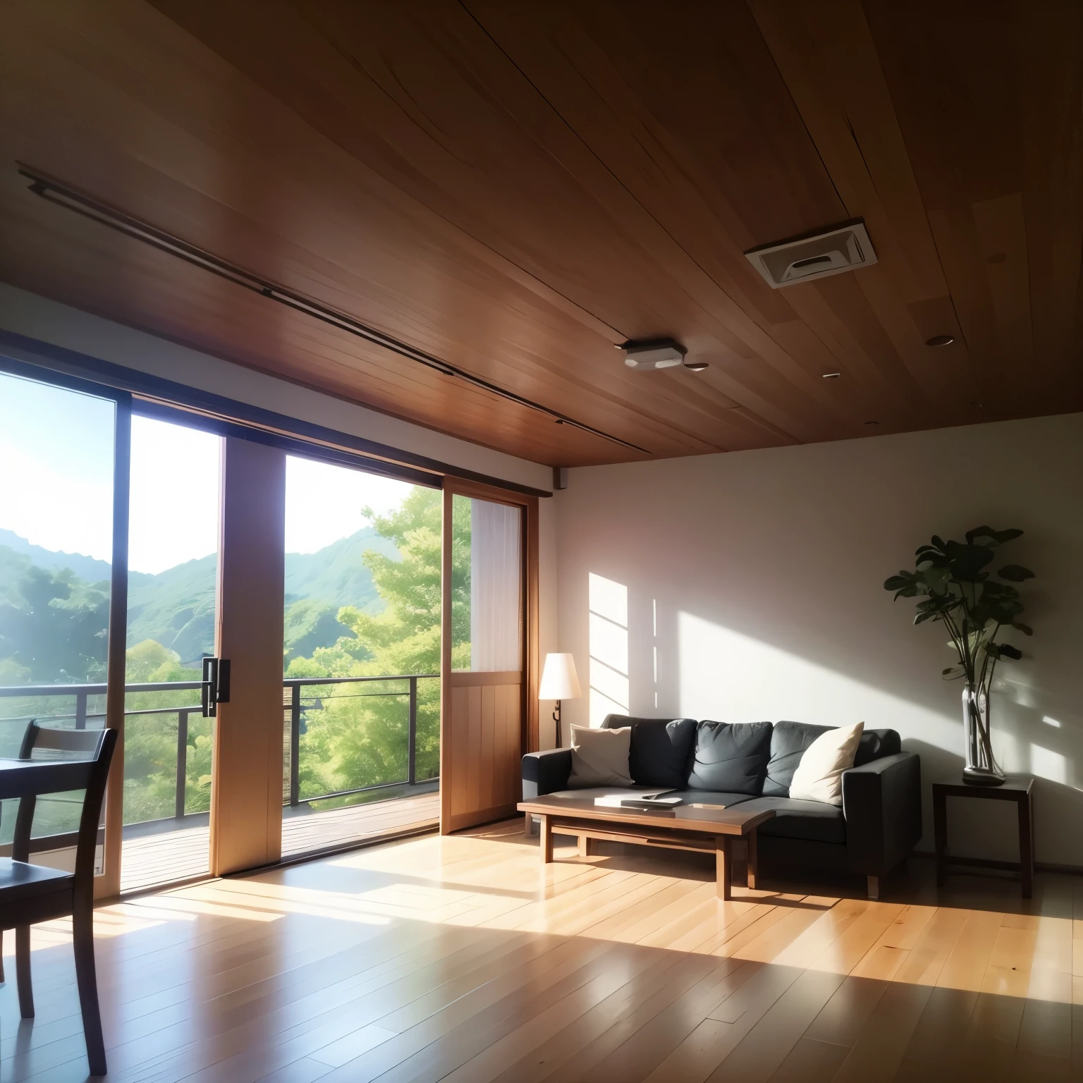 Interior design、Crazy detailed wide angle building photos、Comfortable modern living room、(bright warm sunshine 1:0.1)、Award-winning contemporary interior design、landscape、DL、a chair、in the house、wooden floor、window、dining room、east asia east asia architecture、sliding paper door、Deng Deng、buliding、forest、Nature、cup、plant、Interior design、Insert lights and shadows、depth of field、low illumination、