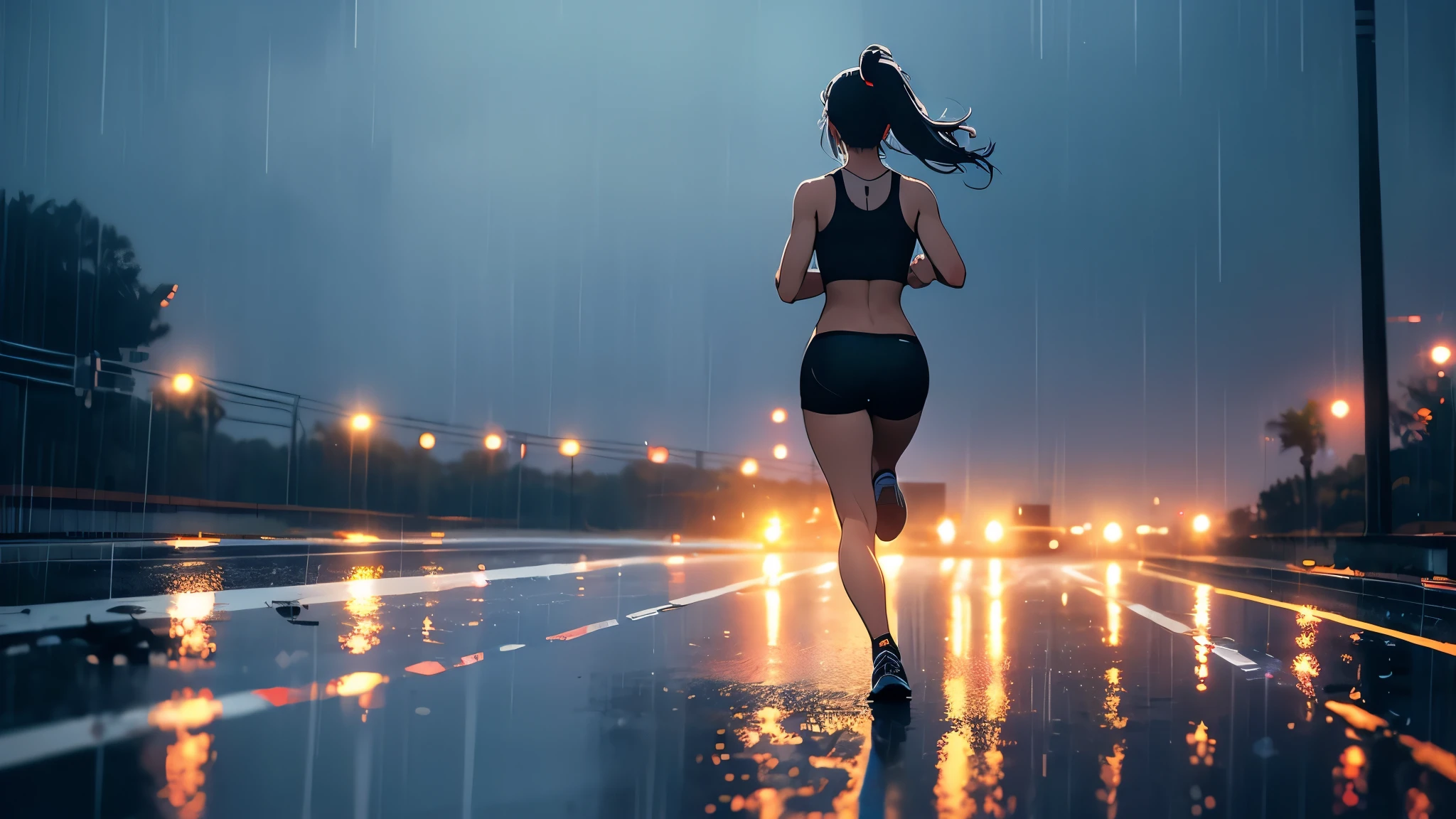 1 girl, with ponytail,Wearing a sports tank top and yoga shorts,Run in the rain,Look back at the screen,It was raining heavily in the sky,rainstorm,full-body shot,full-body shot,night,road,Night run,