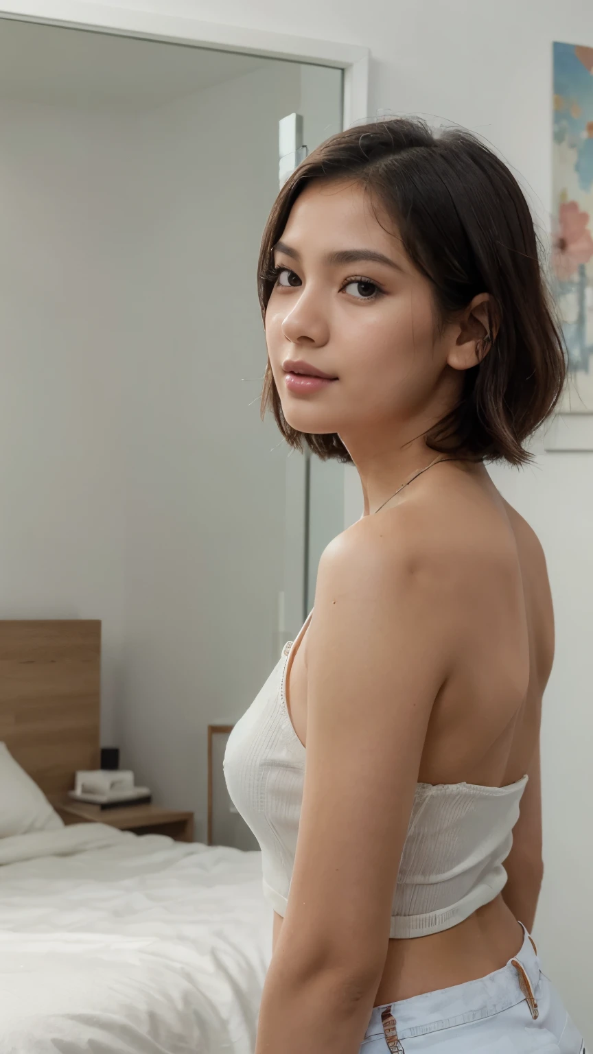 ((best quality)), ((masterpiece)), (detailed), perfect face Indonesian girl taking selfie on the mirror with a white I phone, she has a short hair, white shirt, reveal shoulder, short denim, short light blue jeans, short smile, the background is her room with her bed on the left and small wardrobe on the right ((best quality)), ((masterpiece)), (detailed), perfect face masutepiece, Best Quality, 1girl in, profile, nape of neck, Pink lips, slightly upturned nose, long eyelashes, Realistic skin texture, alluring face, A dark-haired
