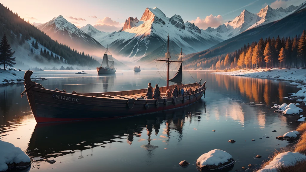 An Assassin's Creed Valhalla landscape. (best quality,4k,8k,highres,masterpiece:1.2), ultra-detailed, (realistic,photorealistic,photo-realistic:1.37), HDR, UHD, studio lighting, extreme detail description. The scene is set in a picturesque landscape with rolling hills and lush green meadows. The sky above is filled with fluffy white clouds contrasting against a vibrant blue backdrop. Sun rays break through the clouds, casting a warm golden light over the landscape. In the foreground, a Viking longship sails peacefully along a crystal-clear river that cuts through the valley. The ship is meticulously crafted with intricate wooden carvings, displaying the prowess of the Viking people. The reflection of the ship on the calm water is so realistic that you can almost feel the gentle ripples. On the riverbank, a group of Vikings is seen disembarking from the longship. They are dressed in traditional Viking attire, adorned with fur-lined cloaks and metal armor, wielding swords and shields. Their facial features are finely detailed, with piercing blue eyes and fierce expressions that reflect their warrior spirit. In the distance, towering mountains covered in snow create a majestic backdrop. The peaks are meticulously textured, showcasing the grandeur of the natural landscape. The mountains are shrouded in mist, giving the scene an ethereal and mysterious atmosphere. The trees dotting the landscape are a mix of evergreens and colorful autumn foliage, adding depth and variety to the scene. The leaves rustle gently in the breeze, creating a sense of tranquility and serenity. The colors of the landscape are rich and vibrant. The greens of the meadows are vibrant and lush, contrasting with the deep blues of the river and the sky. The golden sunlight casts warm hues on everything it touches, creating a harmonious and inviting atmosphere. The overall lighting of the scene is expertly crafted, with subtle shadows and highlights that bring depth and realism to the image. The soft,