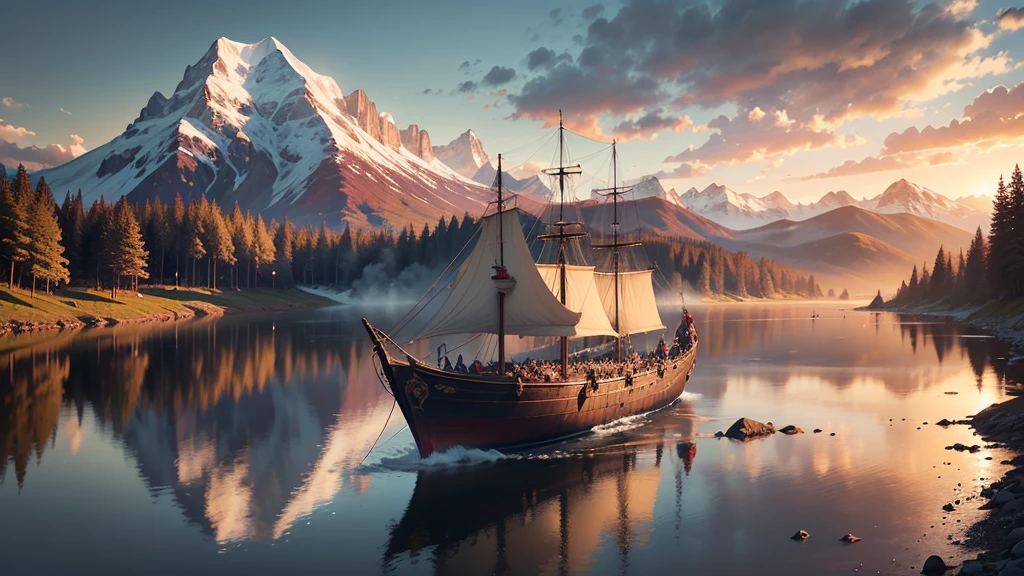 An Assassin's Creed Valhalla landscape. (best quality,4k,8k,highres,masterpiece:1.2), ultra-detailed, (realistic,photorealistic,photo-realistic:1.37), HDR, UHD, studio lighting, extreme detail description. The scene is set in a picturesque landscape with rolling hills and lush green meadows. The sky above is filled with fluffy white clouds contrasting against a vibrant blue backdrop. Sun rays break through the clouds, casting a warm golden light over the landscape. In the foreground, a Viking longship sails peacefully along a crystal-clear river that cuts through the valley. The ship is meticulously crafted with intricate wooden carvings, displaying the prowess of the Viking people. The reflection of the ship on the calm water is so realistic that you can almost feel the gentle ripples. On the riverbank, a group of Vikings is seen disembarking from the longship. They are dressed in traditional Viking attire, adorned with fur-lined cloaks and metal armor, wielding swords and shields. Their facial features are finely detailed, with piercing blue eyes and fierce expressions that reflect their warrior spirit. In the distance, towering mountains covered in snow create a majestic backdrop. The peaks are meticulously textured, showcasing the grandeur of the natural landscape. The mountains are shrouded in mist, giving the scene an ethereal and mysterious atmosphere. The trees dotting the landscape are a mix of evergreens and colorful autumn foliage, adding depth and variety to the scene. The leaves rustle gently in the breeze, creating a sense of tranquility and serenity. The colors of the landscape are rich and vibrant. The greens of the meadows are vibrant and lush, contrasting with the deep blues of the river and the sky. The golden sunlight casts warm hues on everything it touches, creating a harmonious and inviting atmosphere. The overall lighting of the scene is expertly crafted, with subtle shadows and highlights that bring depth and realism to the image. The soft,
