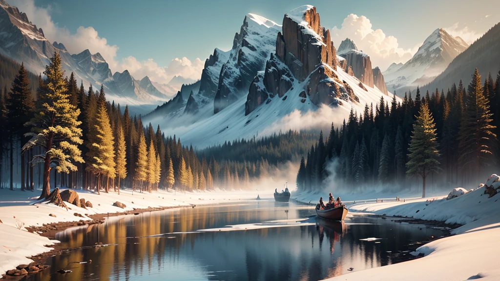 An Assassin's Creed Valhalla landscape. (best quality,4k,8k,highres,masterpiece:1.2), ultra-detailed, (realistic,photorealistic,photo-realistic:1.37), HDR, UHD, studio lighting, extreme detail description. The scene is set in a picturesque landscape with rolling hills and lush green meadows. The sky above is filled with fluffy white clouds contrasting against a vibrant blue backdrop. Sun rays break through the clouds, casting a warm golden light over the landscape. In the foreground, a Viking longship sails peacefully along a crystal-clear river that cuts through the valley. The ship is meticulously crafted with intricate wooden carvings, displaying the prowess of the Viking people. The reflection of the ship on the calm water is so realistic that you can almost feel the gentle ripples. On the riverbank, a group of Vikings is seen disembarking from the longship. They are dressed in traditional Viking attire, adorned with fur-lined cloaks and metal armor, wielding swords and shields. Their facial features are finely detailed, with piercing blue eyes and fierce expressions that reflect their warrior spirit. In the distance, towering mountains covered in snow create a majestic backdrop. The peaks are meticulously textured, showcasing the grandeur of the natural landscape. The mountains are shrouded in mist, giving the scene an ethereal and mysterious atmosphere. The trees dotting the landscape are a mix of evergreens and colorful autumn foliage, adding depth and variety to the scene. The leaves rustle gently in the breeze, creating a sense of tranquility and serenity. The colors of the landscape are rich and vibrant. The greens of the meadows are vibrant and lush, contrasting with the deep blues of the river and the sky. The golden sunlight casts warm hues on everything it touches, creating a harmonious and inviting atmosphere. The overall lighting of the scene is expertly crafted, with subtle shadows and highlights that bring depth and realism to the image. The soft,