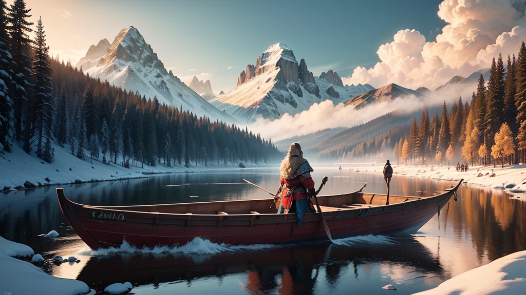 An Assassin's Creed Valhalla landscape. (best quality,4k,8k,highres,masterpiece:1.2), ultra-detailed, (realistic,photorealistic,photo-realistic:1.37), HDR, UHD, studio lighting, extreme detail description. The scene is set in a picturesque landscape with rolling hills and lush green meadows. The sky above is filled with fluffy white clouds contrasting against a vibrant blue backdrop. Sun rays break through the clouds, casting a warm golden light over the landscape. In the foreground, a Viking longship sails peacefully along a crystal-clear river that cuts through the valley. The ship is meticulously crafted with intricate wooden carvings, displaying the prowess of the Viking people. The reflection of the ship on the calm water is so realistic that you can almost feel the gentle ripples. On the riverbank, a group of Vikings is seen disembarking from the longship. They are dressed in traditional Viking attire, adorned with fur-lined cloaks and metal armor, wielding swords and shields. Their facial features are finely detailed, with piercing blue eyes and fierce expressions that reflect their warrior spirit. In the distance, towering mountains covered in snow create a majestic backdrop. The peaks are meticulously textured, showcasing the grandeur of the natural landscape. The mountains are shrouded in mist, giving the scene an ethereal and mysterious atmosphere. The trees dotting the landscape are a mix of evergreens and colorful autumn foliage, adding depth and variety to the scene. The leaves rustle gently in the breeze, creating a sense of tranquility and serenity. The colors of the landscape are rich and vibrant. The greens of the meadows are vibrant and lush, contrasting with the deep blues of the river and the sky. The golden sunlight casts warm hues on everything it touches, creating a harmonious and inviting atmosphere. The overall lighting of the scene is expertly crafted, with subtle shadows and highlights that bring depth and realism to the image. The soft,