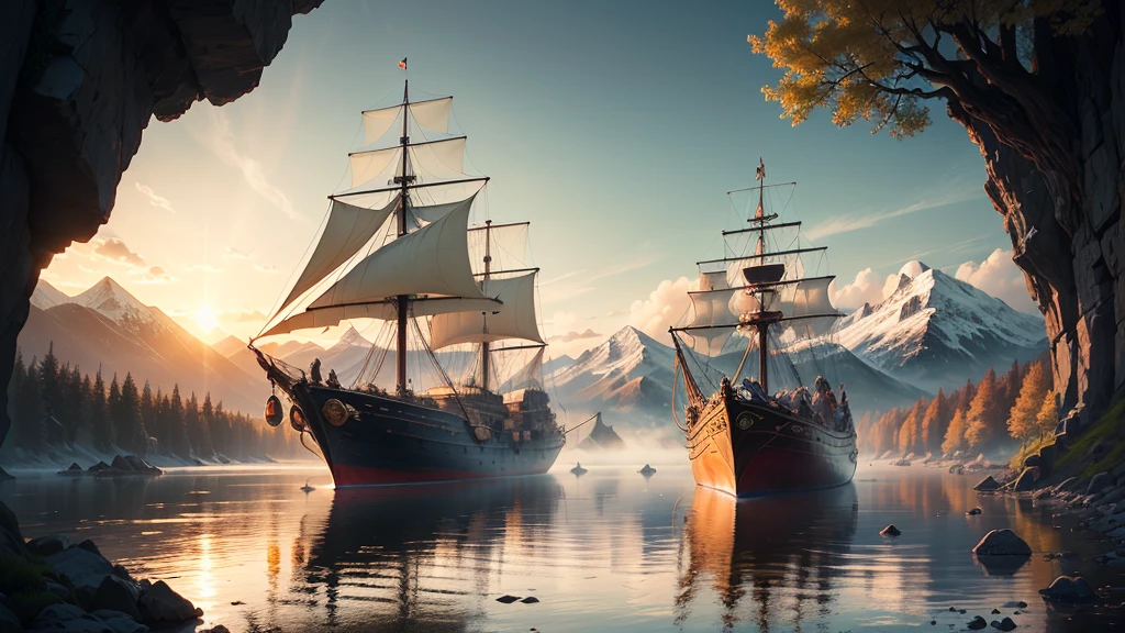An Assassin's Creed Valhalla landscape. (best quality,4k,8k,highres,masterpiece:1.2), ultra-detailed, (realistic,photorealistic,photo-realistic:1.37), HDR, UHD, studio lighting, extreme detail description. The scene is set in a picturesque landscape with rolling hills and lush green meadows. The sky above is filled with fluffy white clouds contrasting against a vibrant blue backdrop. Sun rays break through the clouds, casting a warm golden light over the landscape. In the foreground, a Viking longship sails peacefully along a crystal-clear river that cuts through the valley. The ship is meticulously crafted with intricate wooden carvings, displaying the prowess of the Viking people. The reflection of the ship on the calm water is so realistic that you can almost feel the gentle ripples. On the riverbank, a group of Vikings is seen disembarking from the longship. They are dressed in traditional Viking attire, adorned with fur-lined cloaks and metal armor, wielding swords and shields. Their facial features are finely detailed, with piercing blue eyes and fierce expressions that reflect their warrior spirit. In the distance, towering mountains covered in snow create a majestic backdrop. The peaks are meticulously textured, showcasing the grandeur of the natural landscape. The mountains are shrouded in mist, giving the scene an ethereal and mysterious atmosphere. The trees dotting the landscape are a mix of evergreens and colorful autumn foliage, adding depth and variety to the scene. The leaves rustle gently in the breeze, creating a sense of tranquility and serenity. The colors of the landscape are rich and vibrant. The greens of the meadows are vibrant and lush, contrasting with the deep blues of the river and the sky. The golden sunlight casts warm hues on everything it touches, creating a harmonious and inviting atmosphere. The overall lighting of the scene is expertly crafted, with subtle shadows and highlights that bring depth and realism to the image. The soft,
