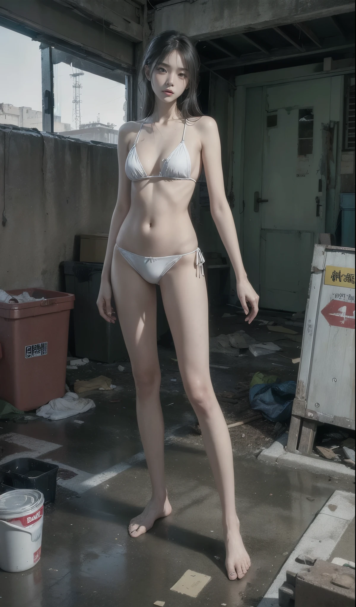 masterpiece,Photorealistic,best quality,depth of field,Abandoned construction site scene,dirty 6:1,dilapidated,Trash all over the floor,Stinks to heaven,disgusting,disgusting,destroyed,random accumulation of debris,The ground is a mess,urine stains, Sweat, sewage, splash,肮脏的地面已经dilapidated,Very beautiful 25 year old tall slim Korean girl,Sad face of homeless man, expression of despair sadness,White sexy bikini ripped and exposed ,Very nice thin legs,barefoot,Random whole body exposure,extreme exhibitionist,(((Random exposure of whole body)))