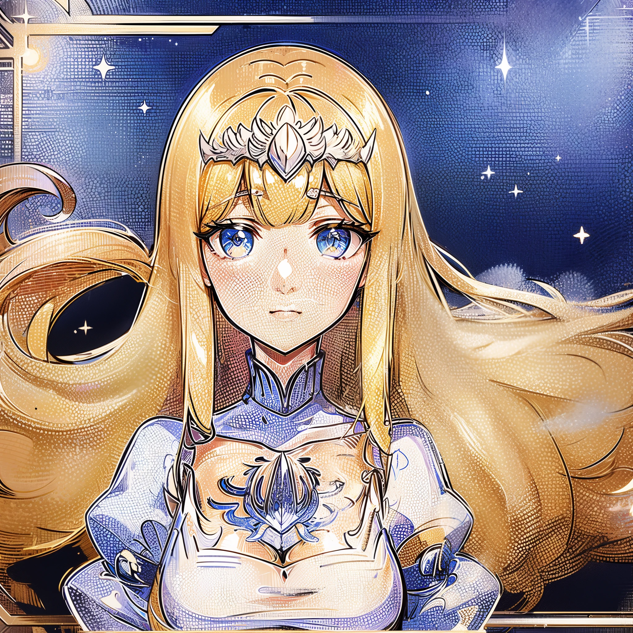 1 girl, blonde hair style split flowers, her hair long but tied up beautifully with a cute clip,((no multiple people)) 1girl, Calca, blonde hair, extremely long hair, white tiara, tiara on her head, white dress, blue eyes, medium breasts
