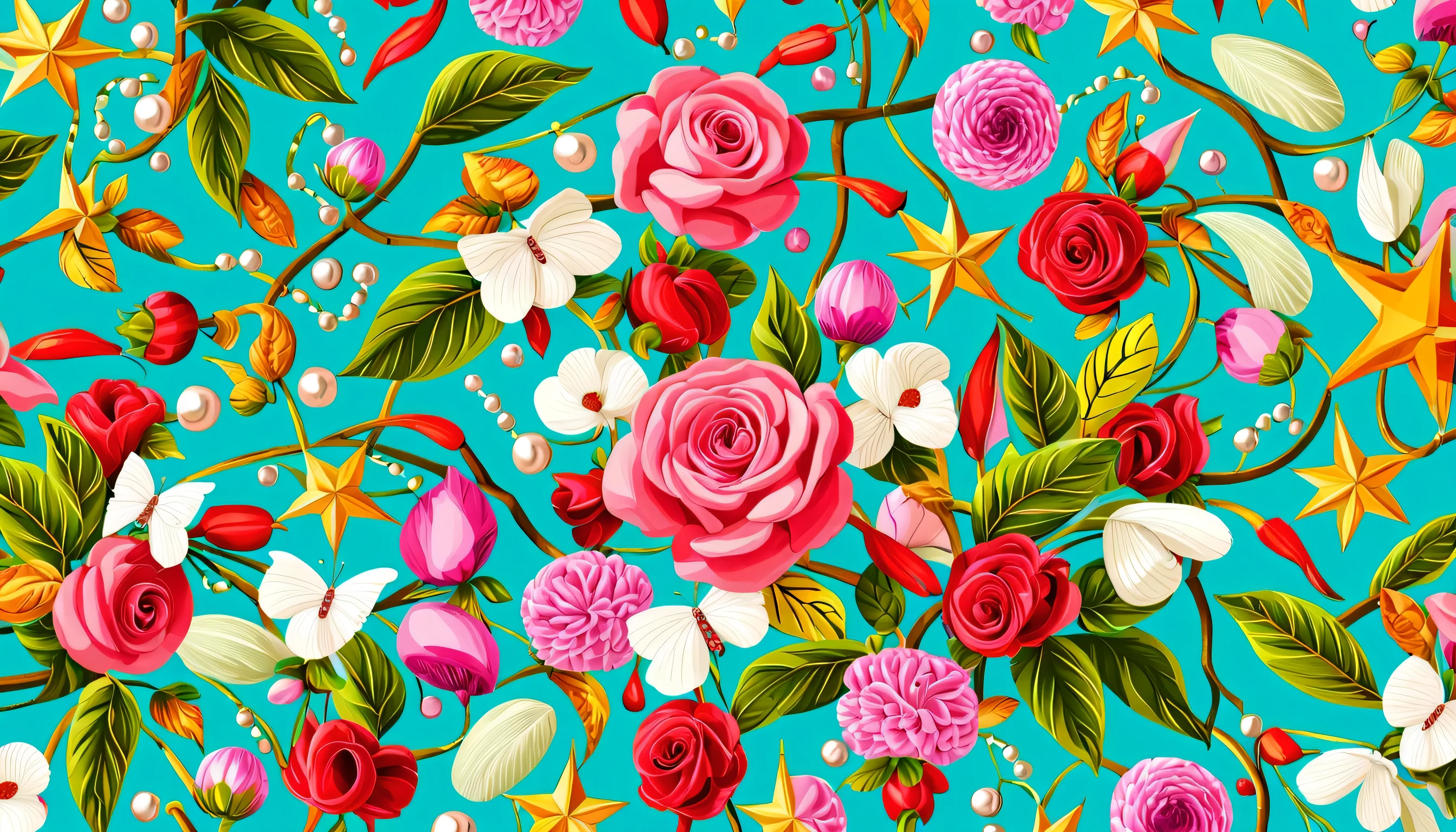 Seas of PEARLS (ALOT OF PEARLS) In the (CYAN BACKGROUND)— ocean breeze, sun-bleached driftwood, and a touch of salty sea air. ((GOLDEN stars)) colorful tropical bird, flamingo, ((WHITE pearls)) jewels, ((WHITE butterfly)), ((GREEN LEAFY FLORA)), (strawberry), BLUE rose, cherry || (embroidery) seamless pattern, fruit, butterfly, Best quality, masterpiece, ultra high res, (photo realistic:1.4), surrealism, dream-like, ((abstract art)), vector arts, ((ROSE JEWEL)) a close up of a DIAMOND pattern on (CYAN BACKGROUND), DIAMOND wallpaper, ornate DIAMOND, DIAMOND pattern, DIAMOND explosion, DIAMOND! intricate, DIAMOND JEWELs colorful, chinoiserie pattern, JEWELy wallpaper, DIAMOND renewal, with colorful JEWELs and plants, DIAMOND dream, garden JEWELs pattern, DIAMOND patterned skin, DIAMOND design, DIAMOND motives, boho DIAMOND vines IN (CYAN BACKGROUND)