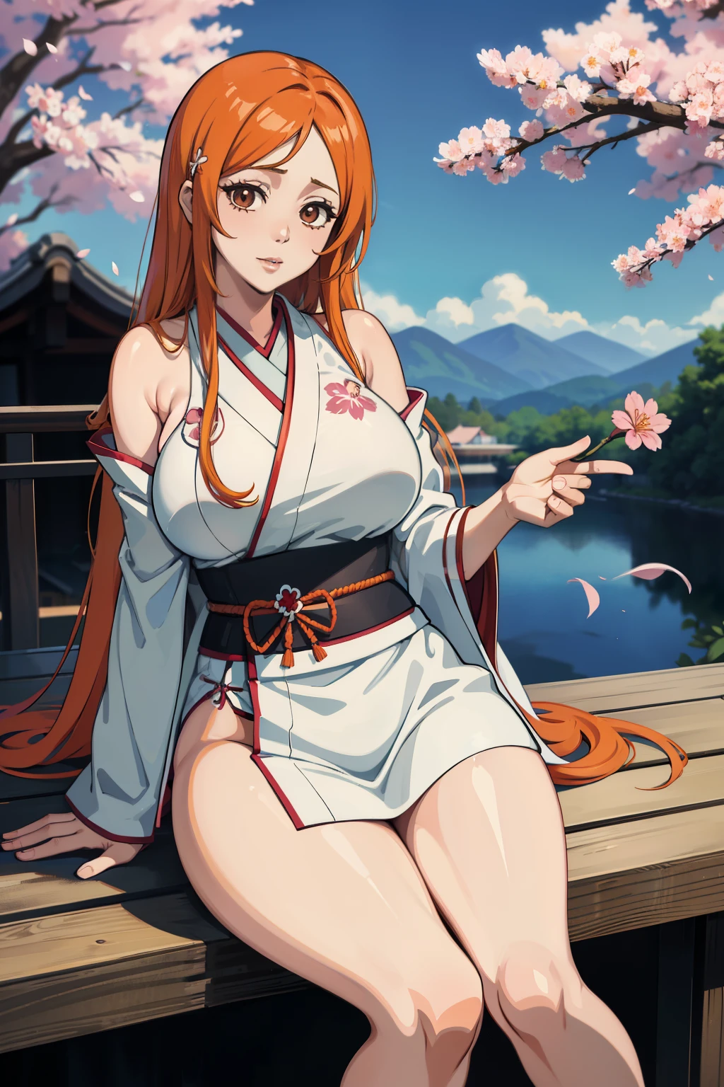 Inou Orihime from Bleach, Orihime is sitting on an oriental balcony wearing a tight, semi-open kimono, legs visible through the slit of the kimono, curvy body, silhouette with defined curves, large breasts, wide hips, innocent face with rosy cheeks, pale skin, face perfect, pink doll lips, long orange hair, cherry blossom clip, dynamic poses, professional photos, looking at the viewer, colorful oriental tattoos on the body, attention to detail, rich details, sharpness, gentle smille, shiny skin, 4k , fhd, absurd details, perfect face, Orihime, Bleach 