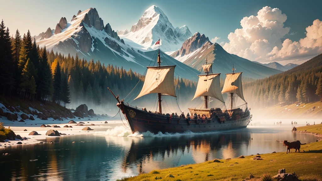 An Assassin's Creed Valhalla landscape. (best quality,4k,8k,highres,masterpiece:1.2), ultra-detailed, (realistic,photorealistic,photo-realistic:1.37), HDR, UHD, studio lighting, extreme detail description. The scene is set in a picturesque landscape with rolling hills and lush green meadows. The sky above is filled with fluffy white clouds contrasting against a vibrant blue backdrop. Sun rays break through the clouds, casting a warm golden light over the landscape. In the foreground, a Viking longship sails peacefully along a crystal-clear river that cuts through the valley. The ship is meticulously crafted with intricate wooden carvings, displaying the prowess of the Viking people. The reflection of the ship on the calm water is so realistic that you can almost feel the gentle ripples. On the riverbank, a group of Vikings is seen disembarking from the longship. They are dressed in traditional Viking attire, adorned with fur-lined cloaks and metal armor, wielding swords and shields. Their facial features are finely detailed, with piercing blue eyes and fierce expressions that reflect their warrior spirit. In the distance, towering mountains covered in snow create a majestic backdrop. The peaks are meticulously textured, showcasing the grandeur of the natural landscape. The mountains are shrouded in mist, giving the scene an ethereal and mysterious atmosphere. The trees dotting the landscape are a mix of evergreens and colorful autumn foliage, adding depth and variety to the scene. The leaves rustle gently in the breeze, creating a sense of tranquility and serenity. The colors of the landscape are rich and vibrant. The greens of the meadows are vibrant and lush, contrasting with the deep blues of the river and the sky. The golden sunlight casts warm hues on everything it touches, creating a harmonious and inviting atmosphere. The overall lighting of the scene is expertly crafted, with subtle shadows and highlights that bring depth and realism to the image. The soft,