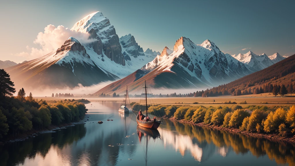An Assassin's Creed Valhalla landscape. (best quality,4k,8k,highres,masterpiece:1.2), ultra-detailed, (realistic,photorealistic,photo-realistic:1.37), HDR, UHD, studio lighting, extreme detail description. The scene is set in a picturesque landscape with rolling hills and lush green meadows. The sky above is filled with fluffy white clouds contrasting against a vibrant blue backdrop. Sun rays break through the clouds, casting a warm golden light over the landscape. In the foreground, a Viking longship sails peacefully along a crystal-clear river that cuts through the valley. The ship is meticulously crafted with intricate wooden carvings, displaying the prowess of the Viking people. The reflection of the ship on the calm water is so realistic that you can almost feel the gentle ripples. On the riverbank, a group of Vikings is seen disembarking from the longship. They are dressed in traditional Viking attire, adorned with fur-lined cloaks and metal armor, wielding swords and shields. Their facial features are finely detailed, with piercing blue eyes and fierce expressions that reflect their warrior spirit. In the distance, towering mountains covered in snow create a majestic backdrop. The peaks are meticulously textured, showcasing the grandeur of the natural landscape. The mountains are shrouded in mist, giving the scene an ethereal and mysterious atmosphere. The trees dotting the landscape are a mix of evergreens and colorful autumn foliage, adding depth and variety to the scene. The leaves rustle gently in the breeze, creating a sense of tranquility and serenity. The colors of the landscape are rich and vibrant. The greens of the meadows are vibrant and lush, contrasting with the deep blues of the river and the sky. The golden sunlight casts warm hues on everything it touches, creating a harmonious and inviting atmosphere. The overall lighting of the scene is expertly crafted, with subtle shadows and highlights that bring depth and realism to the image. The soft,