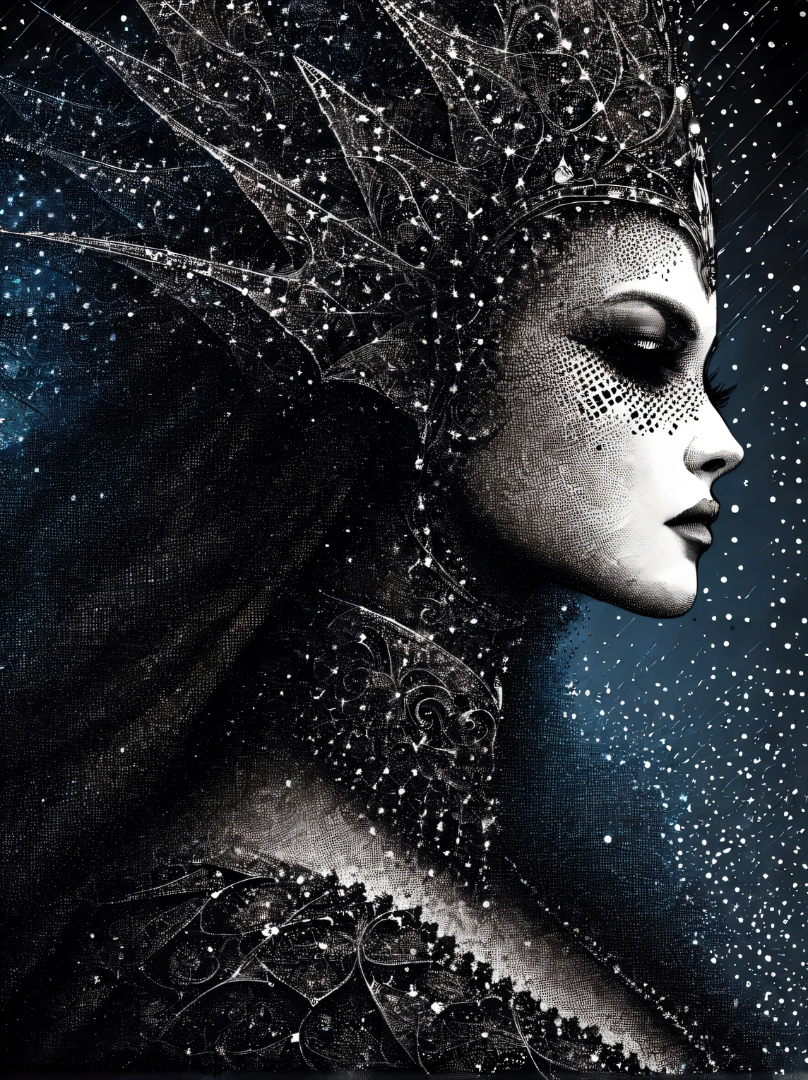 gothic aesthetics, Portrait of a Gothic Queen, The Art of Drawing Dots, Small dots, Spot shadows, small touches, filling with fractals, High detail, A high resolution, play of colors and shadows, Gothic palette, gothic fractal background, A high resolution 32K, High definition contours and faces, ultra precision, hyperphile