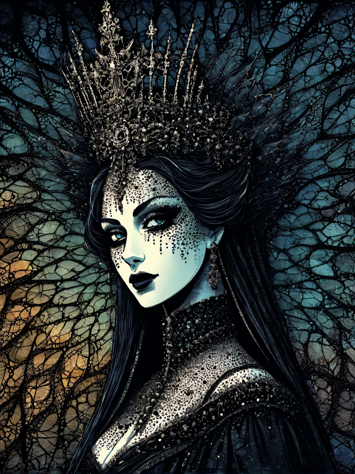 gothic aesthetics, Portrait of a Gothic Queen, The Art of Drawing Dots, Small dots, Spot shadows, small touches, filling with fractals, High detail, A high resolution, play of colors and shadows, Gothic palette, gothic fractal background, A high resolution 32K, High definition contours and faces, ultra precision, hyperphile