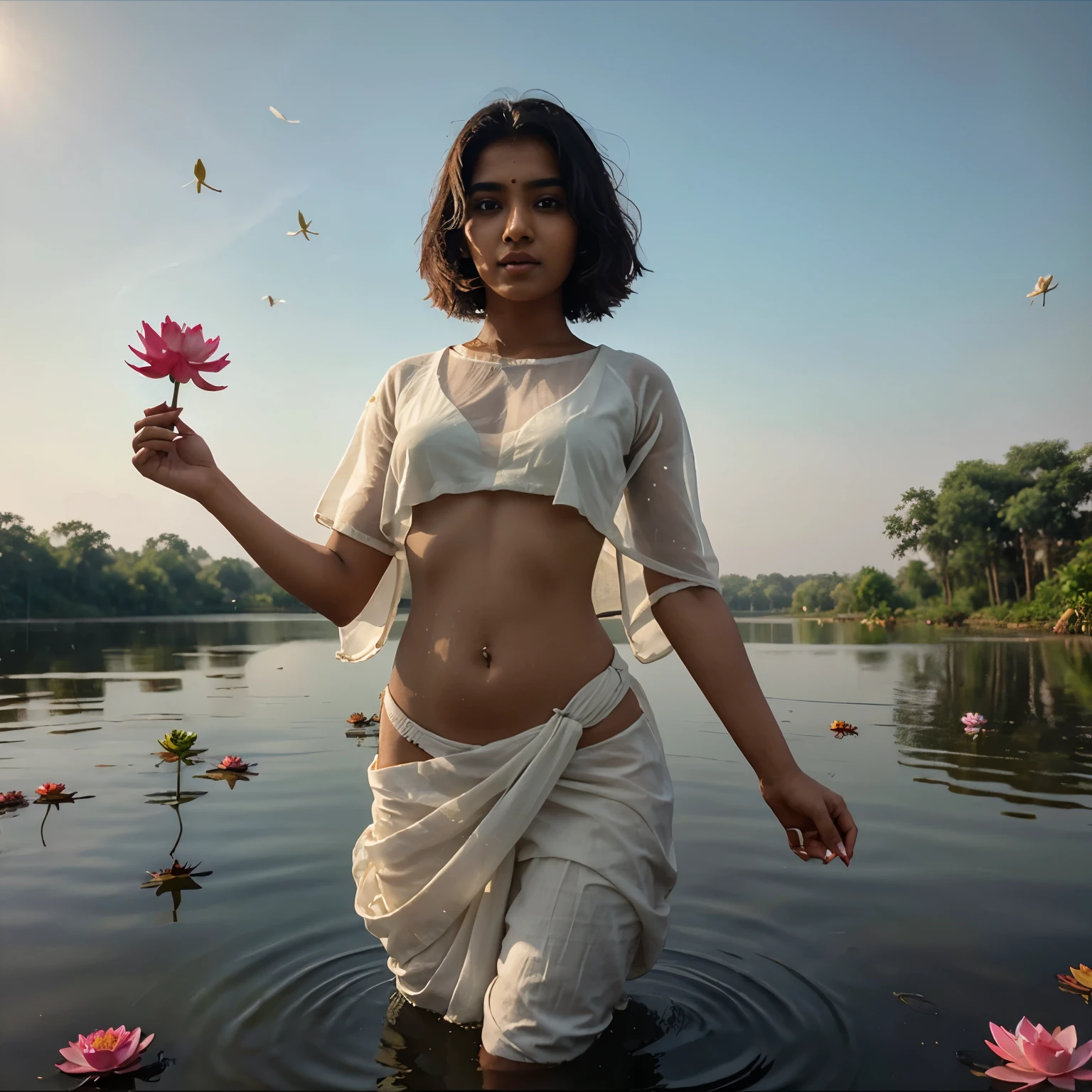 An Indian girl dressed in a white sari revealing her stomach is holding a lotus flower in a lake filled with lotus flowers, birds flying behind. 3D