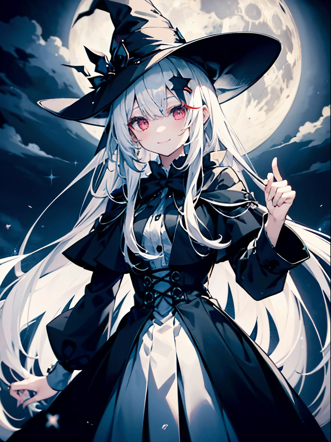 young girl、human、A magician who always smiles、large witch hat 、cute、long white hair、Red eyes and glazed eyes、Bangs are heavy、Thin eyebrows、fantasy、intake、double teeth、star motif、Seiza motif、monochrome clotheetal look decoration、cape、A little dark atmosphere、a little crazy smile、Outside at night when the moon shines、larger moon、blood return、black star hair ornament、short tie、No nails、high waist skirt、flared sleeves、long sleeve shirt、black tie、Low exposure