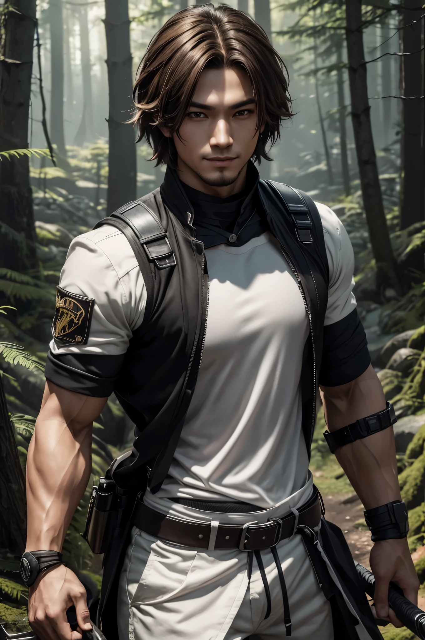 8K,Young man with flashy brown medium bob hair(24-years-old),Challenging atmosphere,muscular slim body,super realistic skin,Violent and strongly cracked abdominal muscles,black combat uniform,white inner shirt,black combat pants,Carrying a large and long Japanese sword in the forest,Mischievous smile,big eyes,black eyes,black combat uniformを着て身体を隠す,Perfect hand shapeの詳細,comical pose,masterpiece,Photorealistic RAW photos of the highest quality。bright colors,rich colors, Backlight, cinematic lighting, film grain, to be born, 50mm lens, Nikon D850,detailed character art,fantasy art,ultra high resolution,super realistic skin,Perfect hand shape,mountain path,Persona4(Hanamura Yosuke),wild(super realistic skin),One point beard,