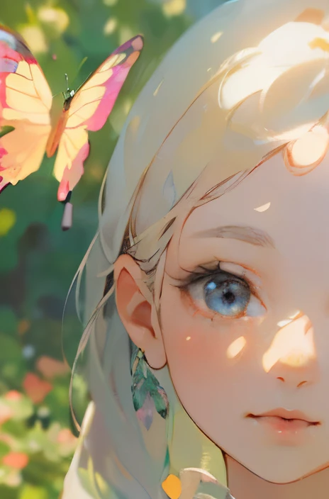 A girl in a garden,illustration,oil painting,realistic,highres,ultra-detailed,nature,flowers,butterflies,sunlight,soft breeze,beautiful detailed eyes,beautiful detailed lips,extremely detailed eyes and face,long eyelashes,vivid colors,pastel tones,soft lighting,bokeh