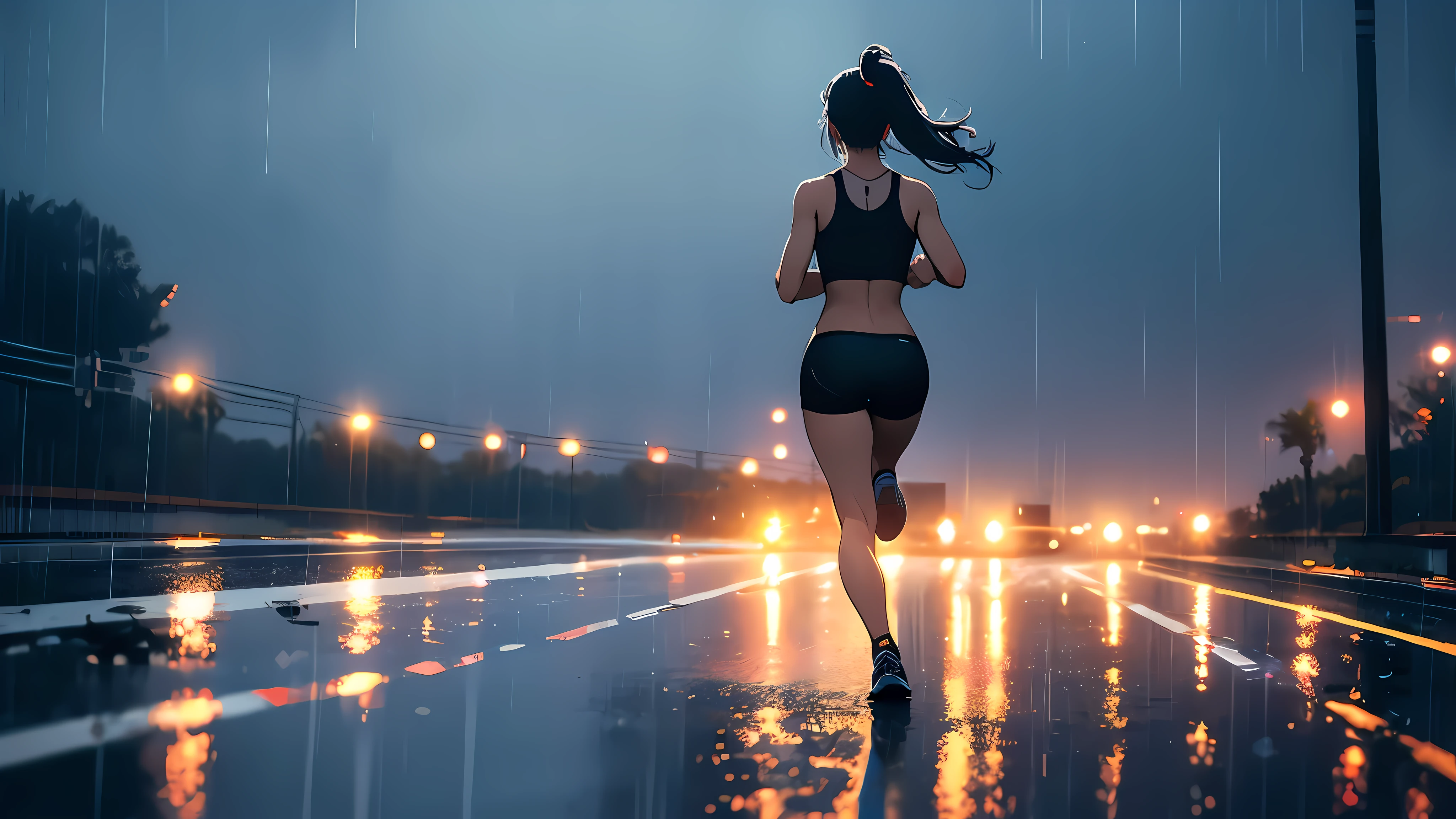 Beautiful woman running in the rain, wearing a black dress