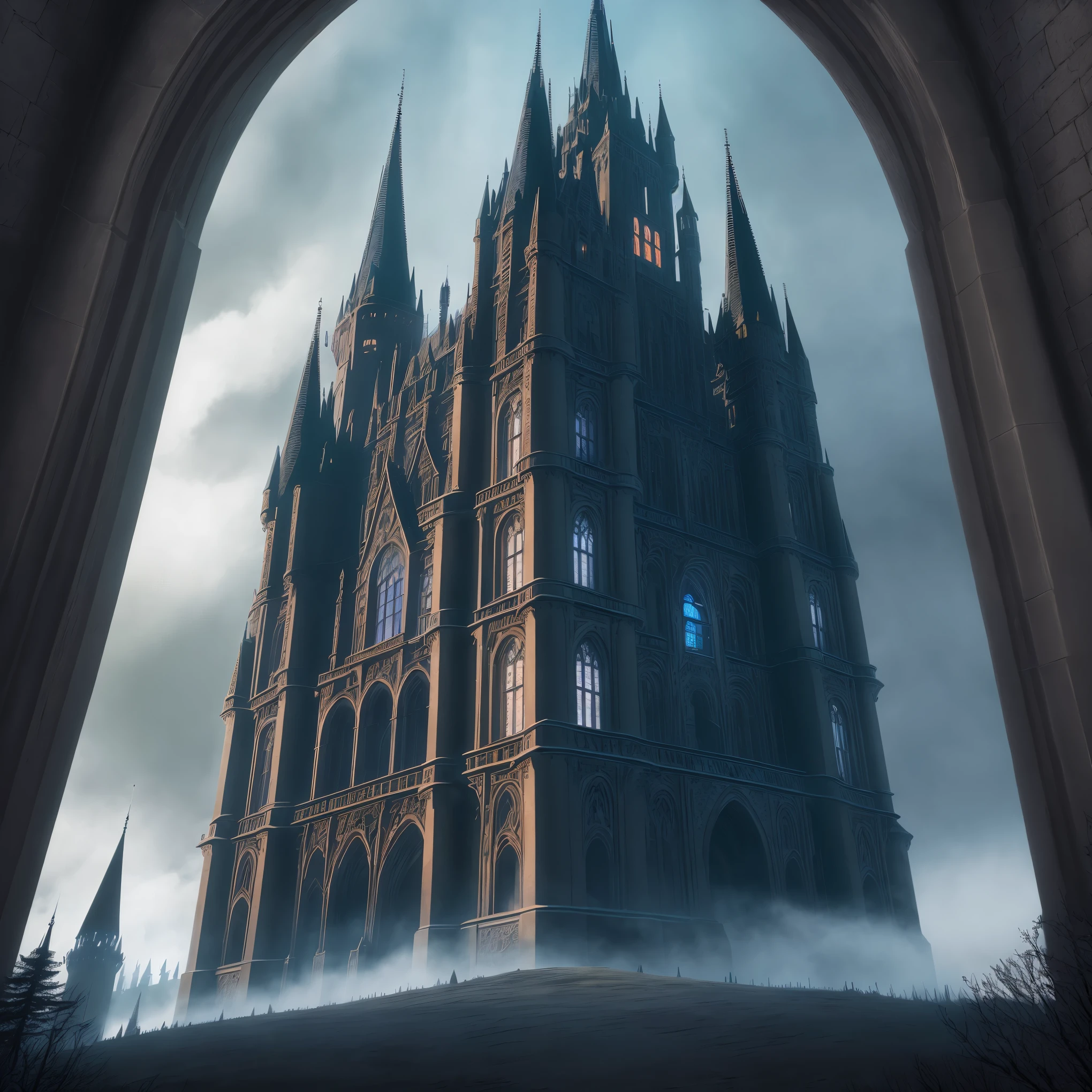 A towering Gothic castle reaching into the clouds, like a dark fairy-tale fortress, exuding a mysterious aura and combining grandeur with a touch of darkness. The castle is set amidst a deep, eerie forest, shrouded in mist, invoking the sense of a magical and adventure-filled fairy-tale world. The image should feature intricate Gothic architecture, vivid details, and a play of light and shadow that enhances the castle's grandeur and神秘 (mystery).