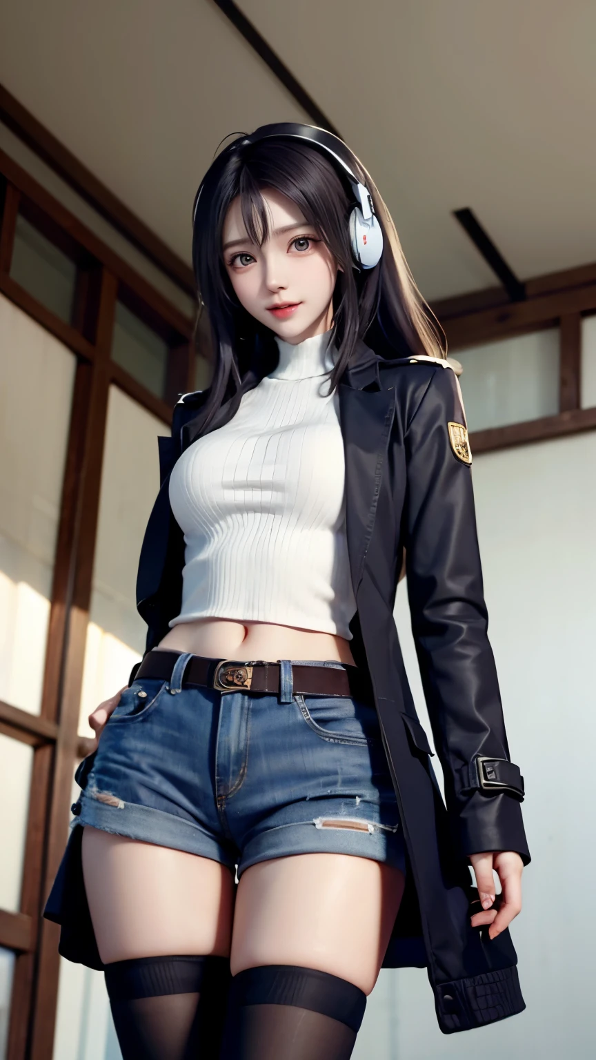Carrot、Supermodel、perfect shape、Muchimuchi、Three girls are looking at the viewer、　3 girls、、Thighhighs、beautiful feet、hot pants、coat、cyber punk、headphone、gentle smile、Seen by girls from below、Innocent face