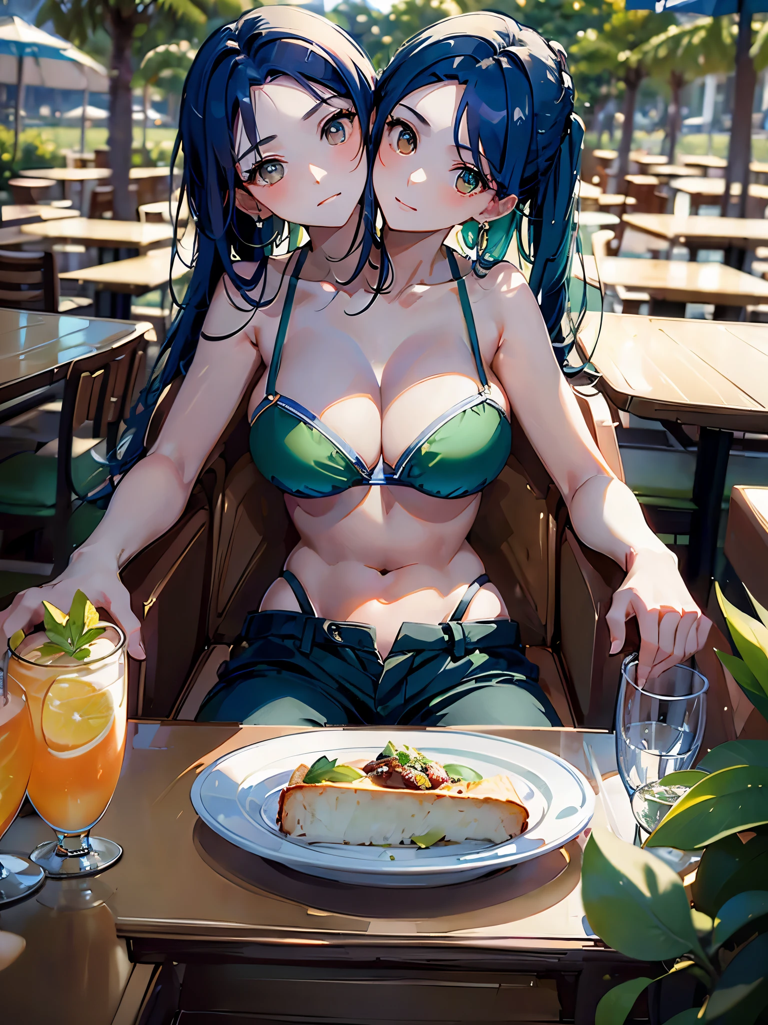 (masterpiece, best quality), best resolution, (2heads:1.5), 1girl, dark blue hair, brown eyes, green bikini top, black long pants, sitting at a table, park patio
