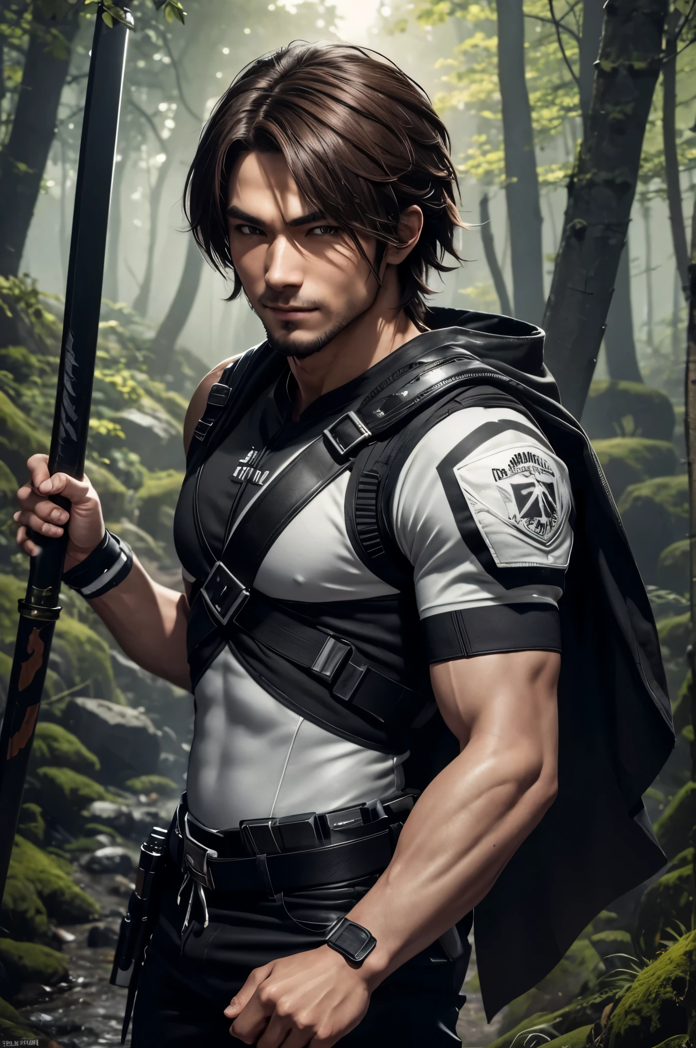 20 year old Native American guy in brown open leather vest slim muscular in black shirt black leather belt blue jeans blue bandana with aboriginal symbol short black hair brown eyes with a silver bear claw necklace looking straight at the viewer forest background with fog