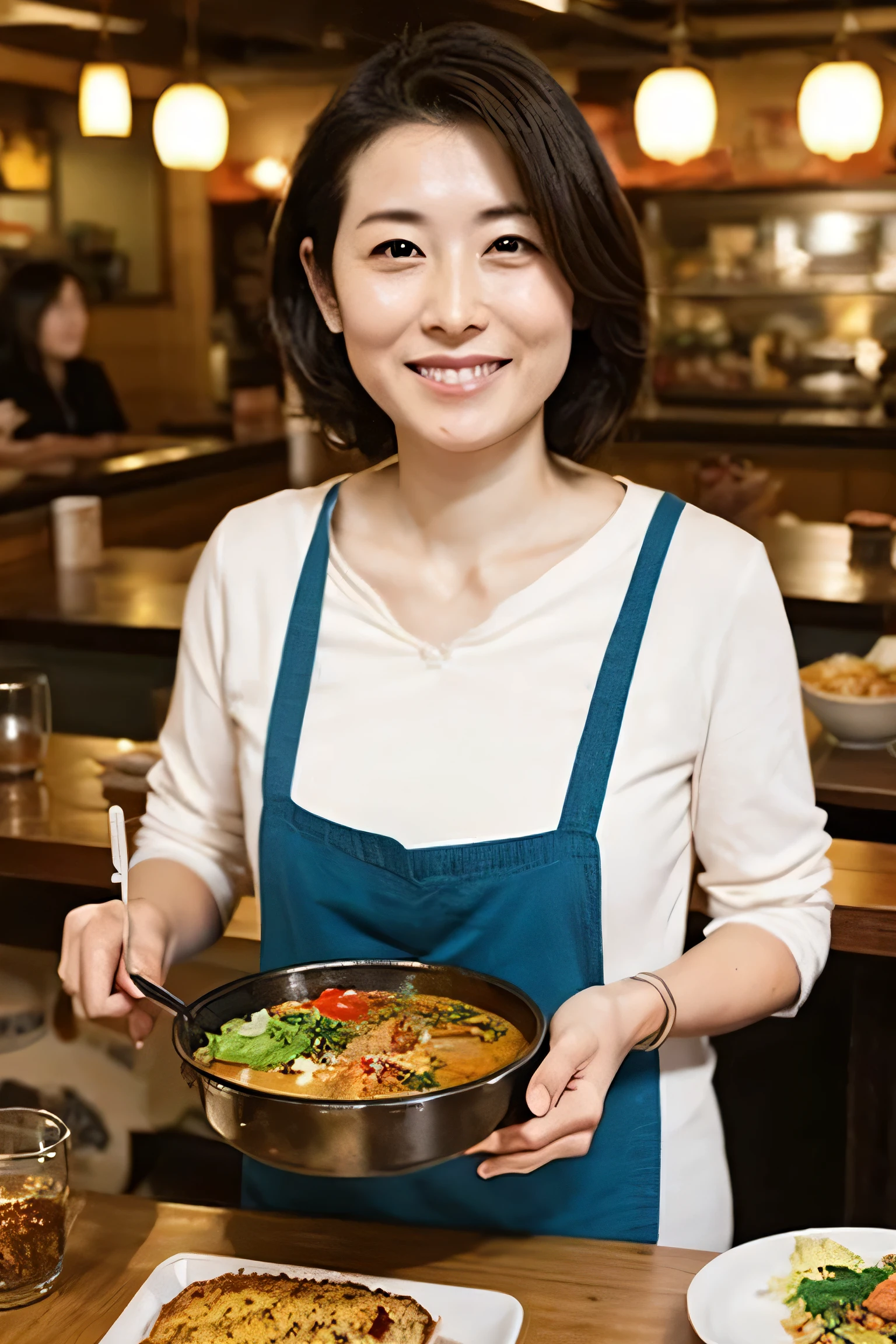 family restaurant、32 year old Japanese woman、cooking、face to face、meal、nature、chatting
