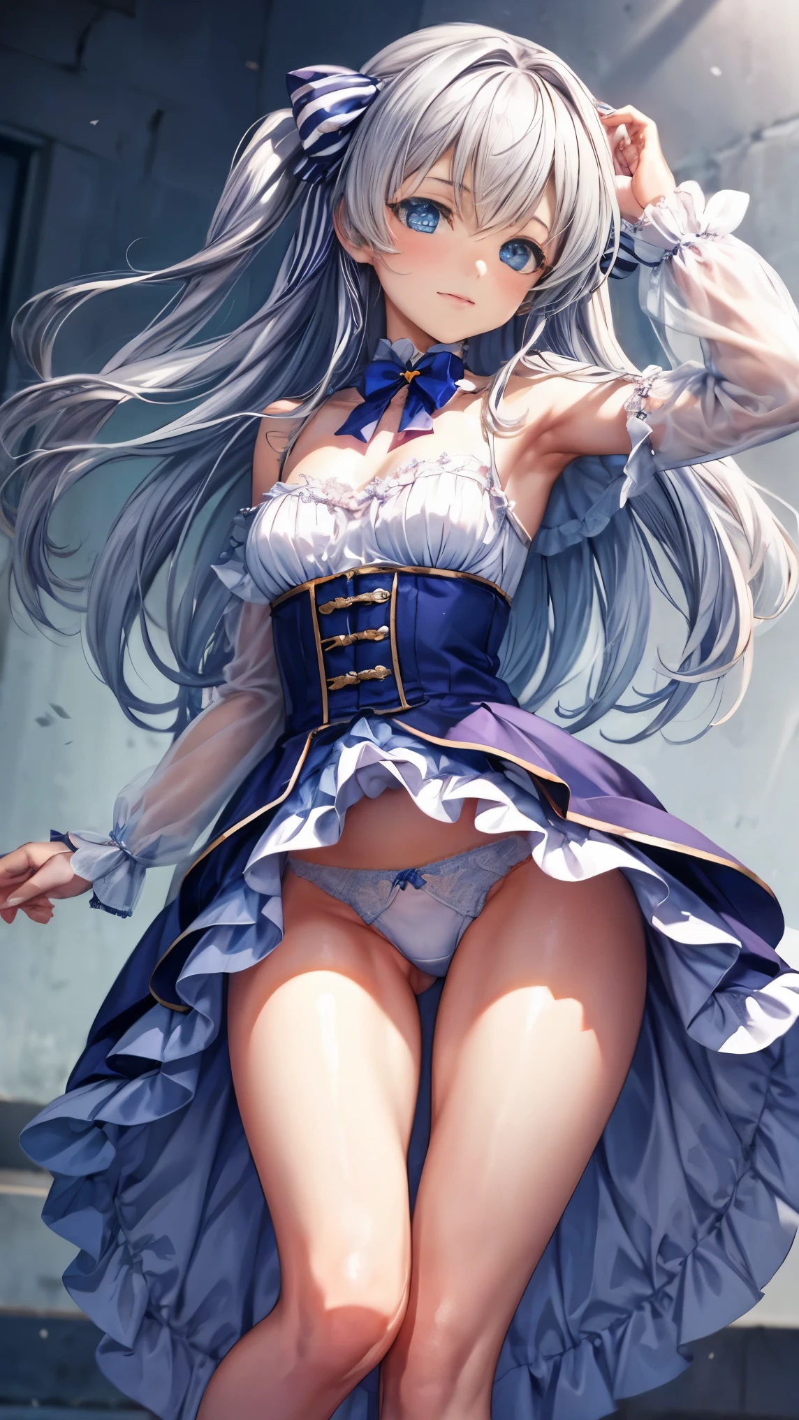highest quality、one girl、、 big breasts、full body figure、perfect five fingered hand、Celia Claire, Celia Claire、shy face、perfect thing、perfect arms、perfect legs、detailed description、small details、detailed face、white skin、plump leg-shaped spread legs、white panties、lace panties、I can see your panties、Skirt flip、lift skirt、erotic pose